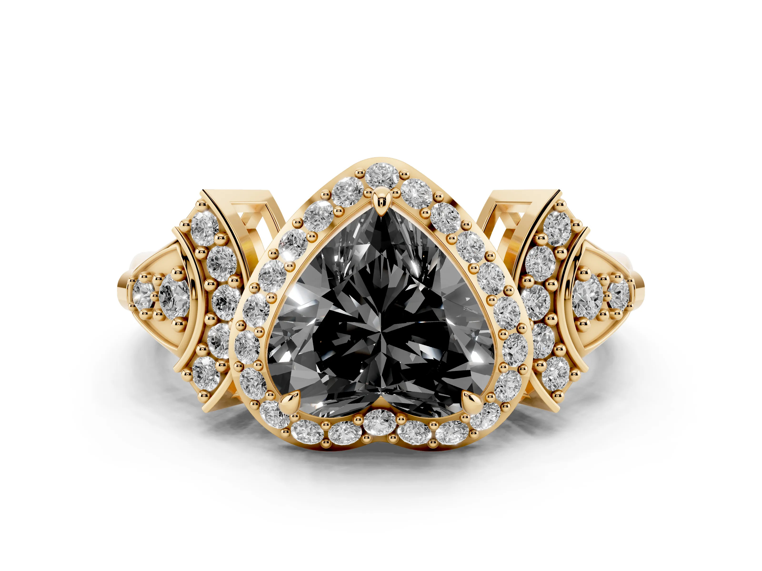 Fancy Black Heart Cut Diamond Halo Engagement Ring Set in Yellow gold with Accent Stone Split Shank