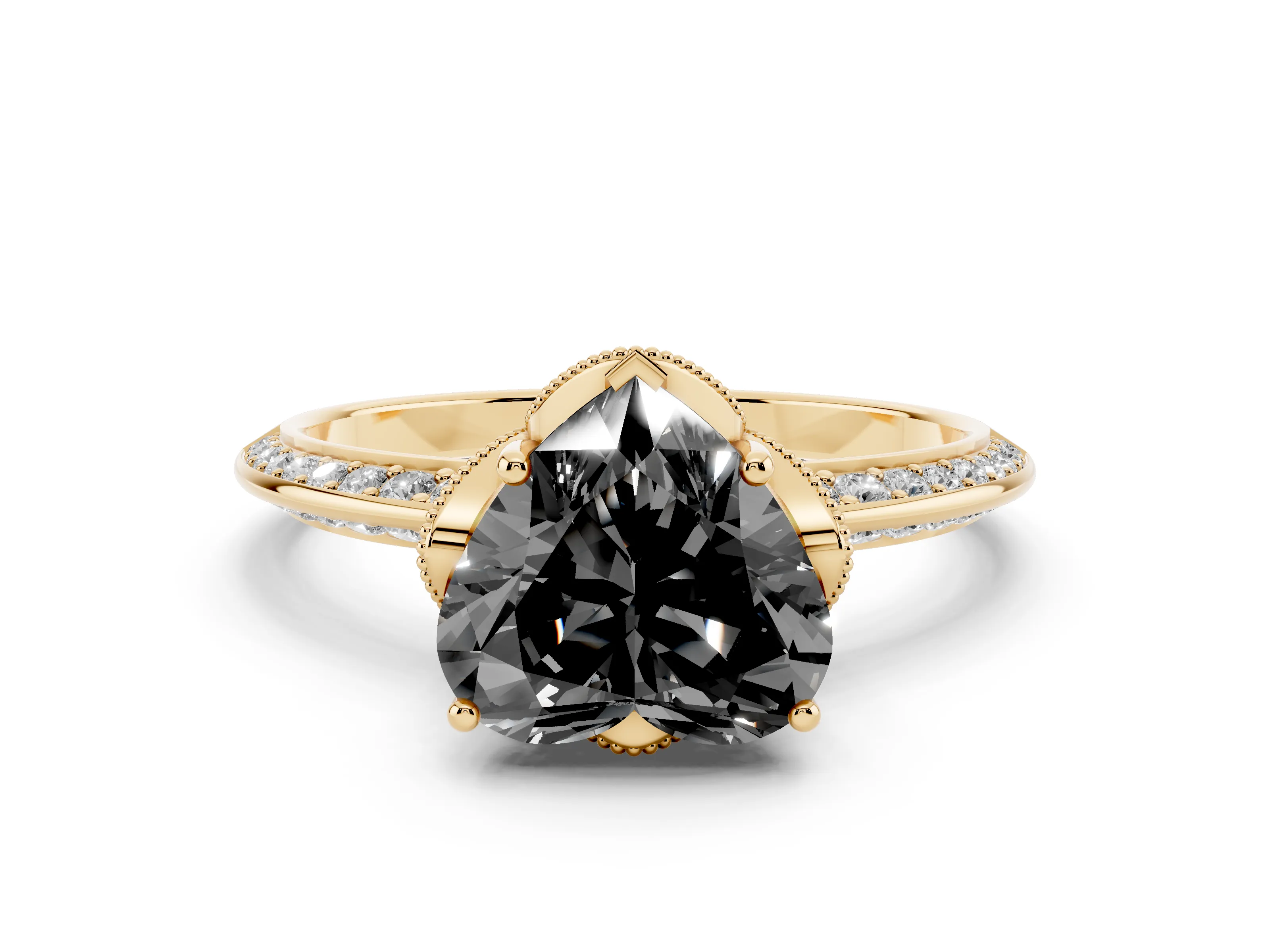 Fancy Black Heart Cut Diamond Solitaire Engagement Ring Set in Yellow gold with Pavé Split Shank and Prong Setting