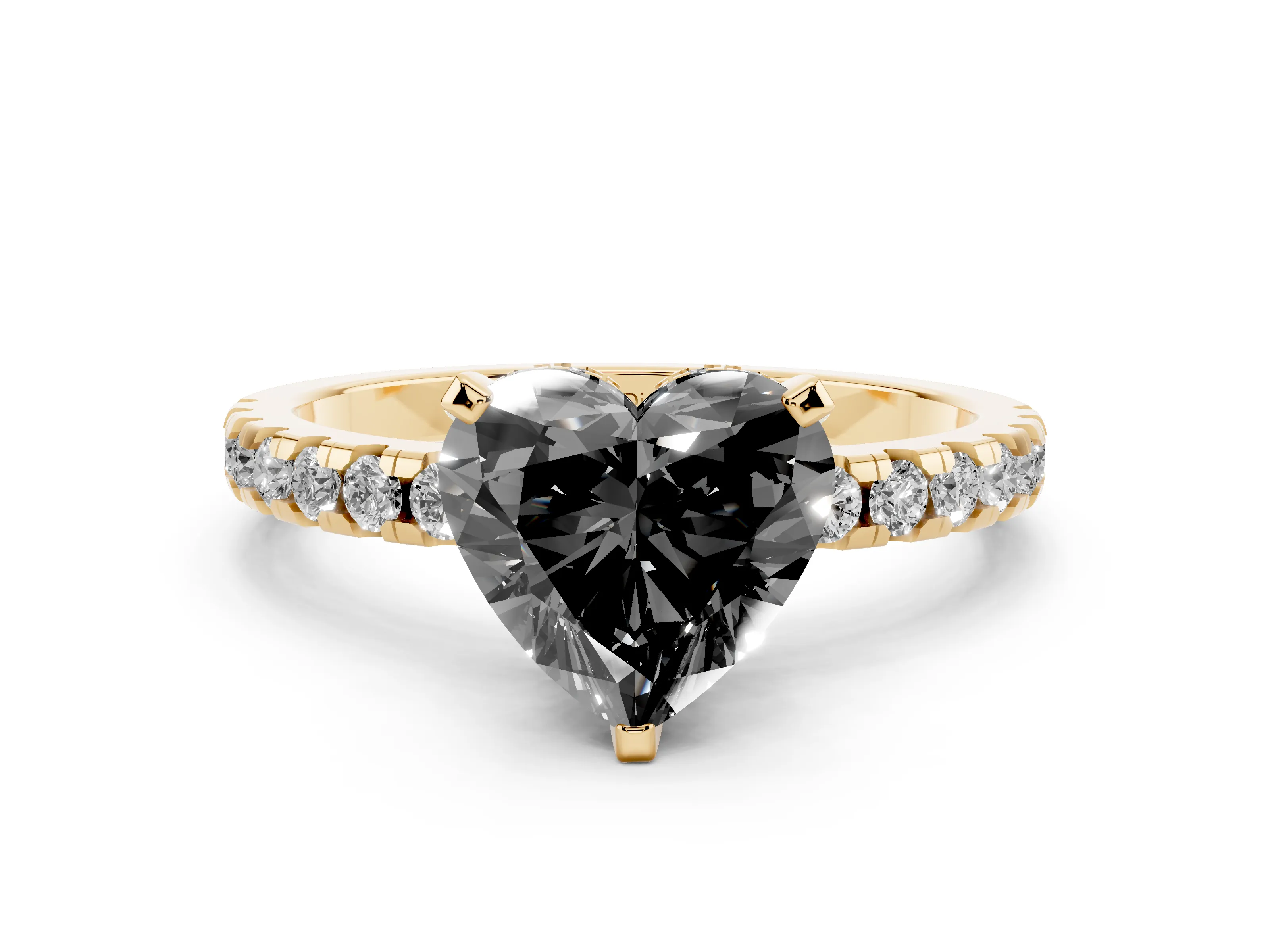 Fancy Black Heart Cut Diamond Pavé Solitaire Ring Set in Yellow gold with Round Band Accents and Prong Setting
