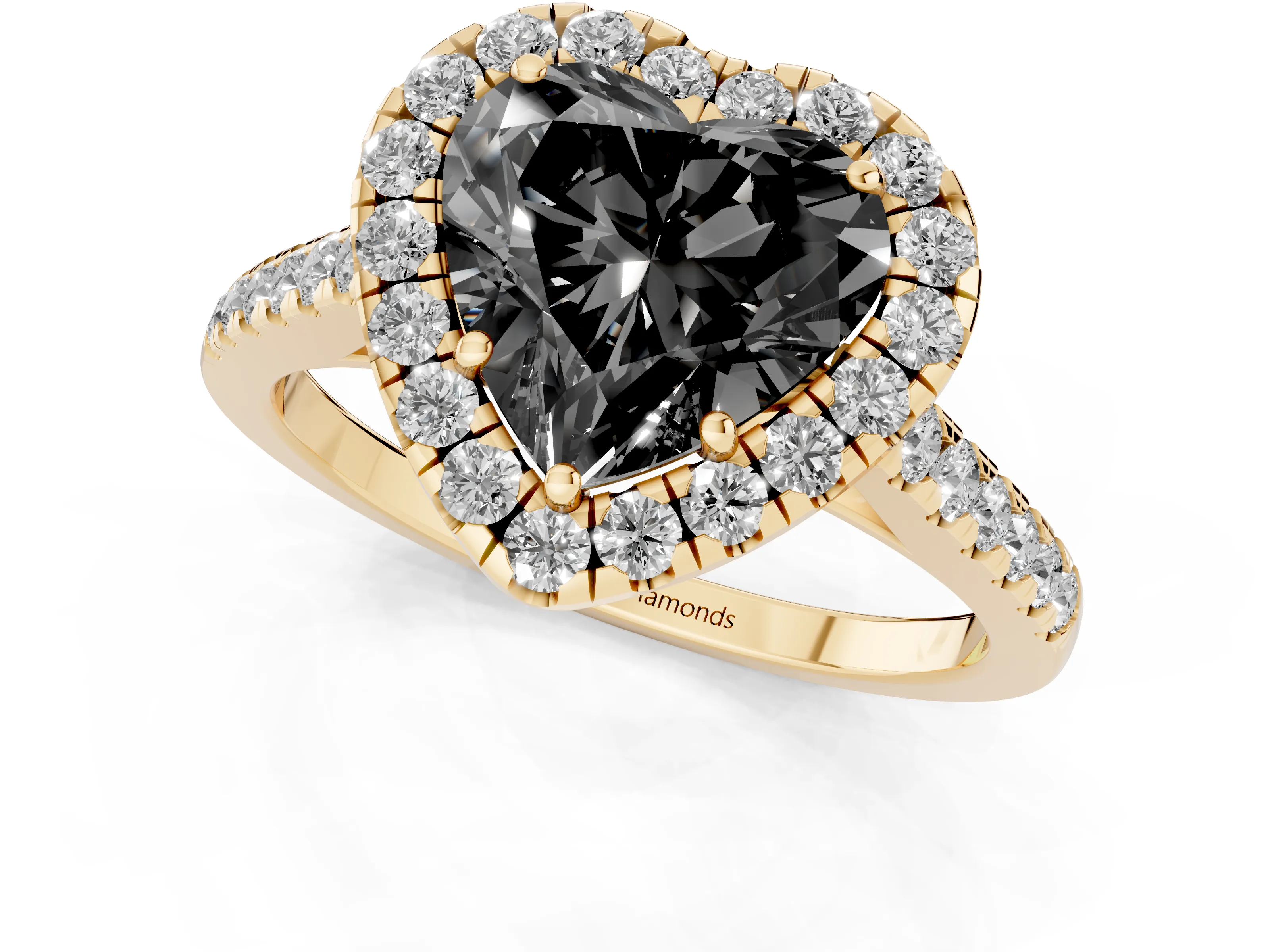 Fancy Black Heart Cut Diamond Halo Pavé Engagement Ring Set in Yellow gold with Prong Setting