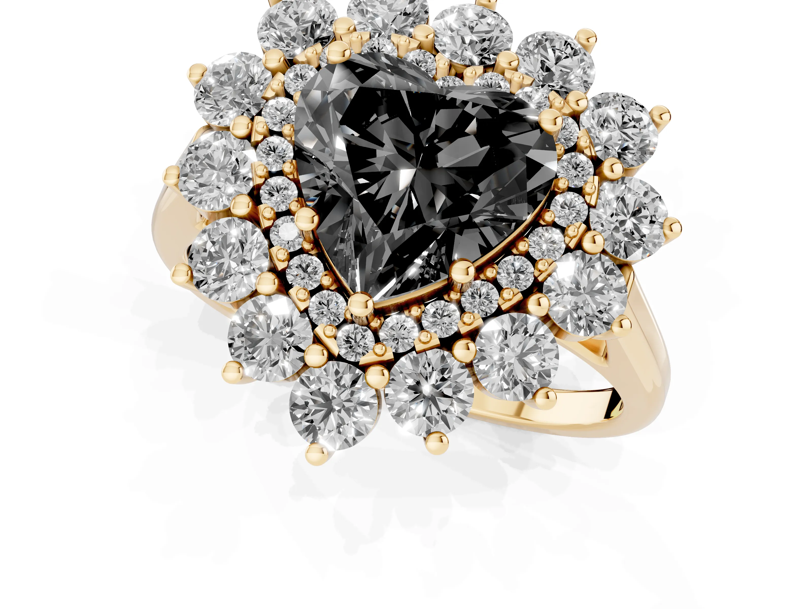 Fancy Black Heart Cut Diamond Floral Double Halo Ring Set in Yellow gold with Round Petals