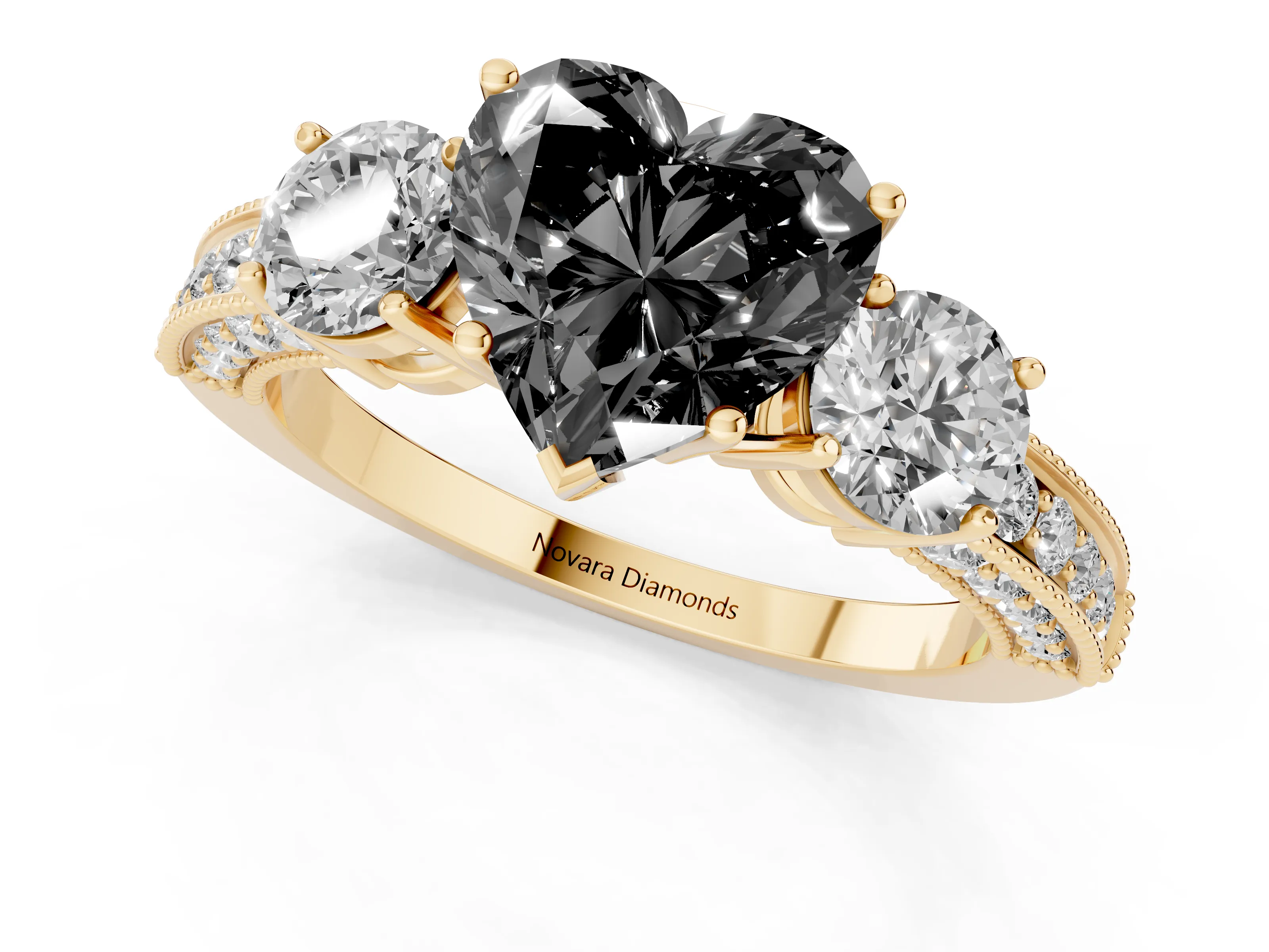Fancy Black Heart Cut Diamond Three-Stone Ring Set in Yellow gold with Round Side Stones and Pavé Band