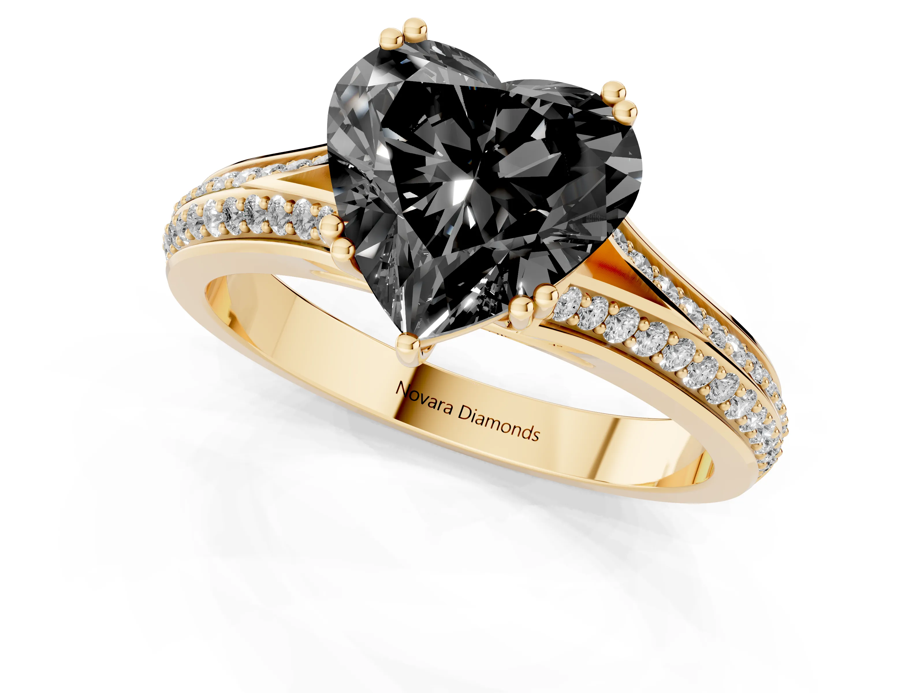 Fancy Black Heart Cut Diamond Split Shank Pavé Engagement Ring Set in Yellow gold with Prong-Set Center Stone