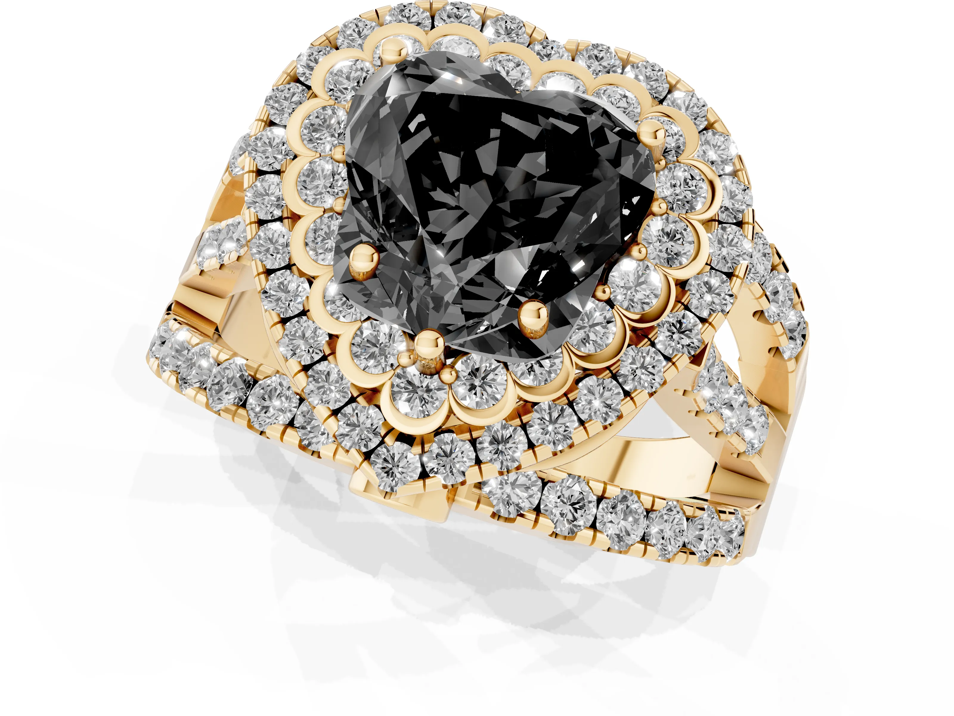 Fancy Black Heart Cut Diamond Double Halo Ring Set in Yellow gold with Round Pavé Split Shank