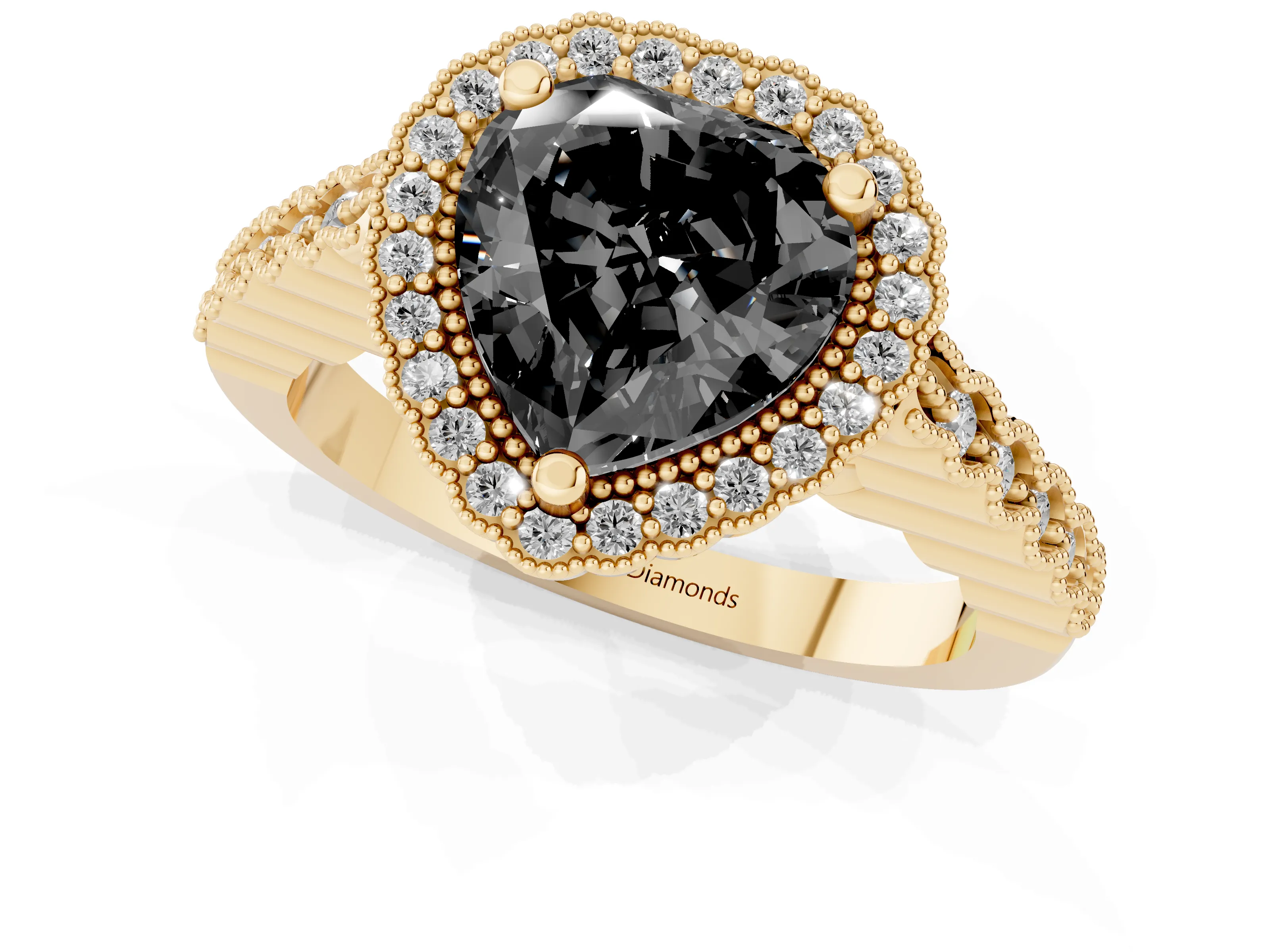 Fancy Black Heart Cut Diamond Halo Ring Set in Yellow gold with Pavé Milgrain Band