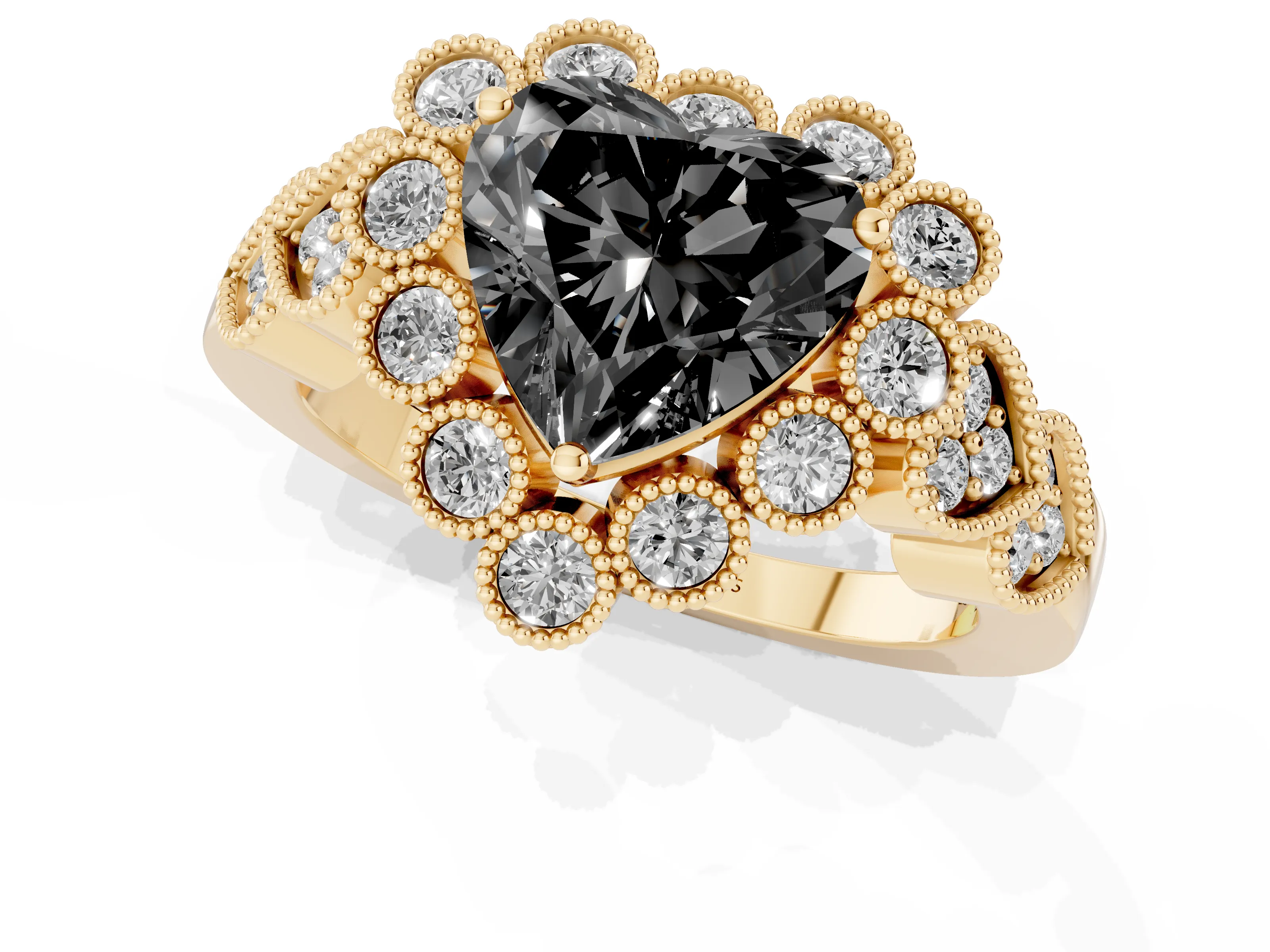 Fancy Black Heart Cut Diamond Solitaire Ring Set in Yellow gold with Milgrain Pavé Heart Band