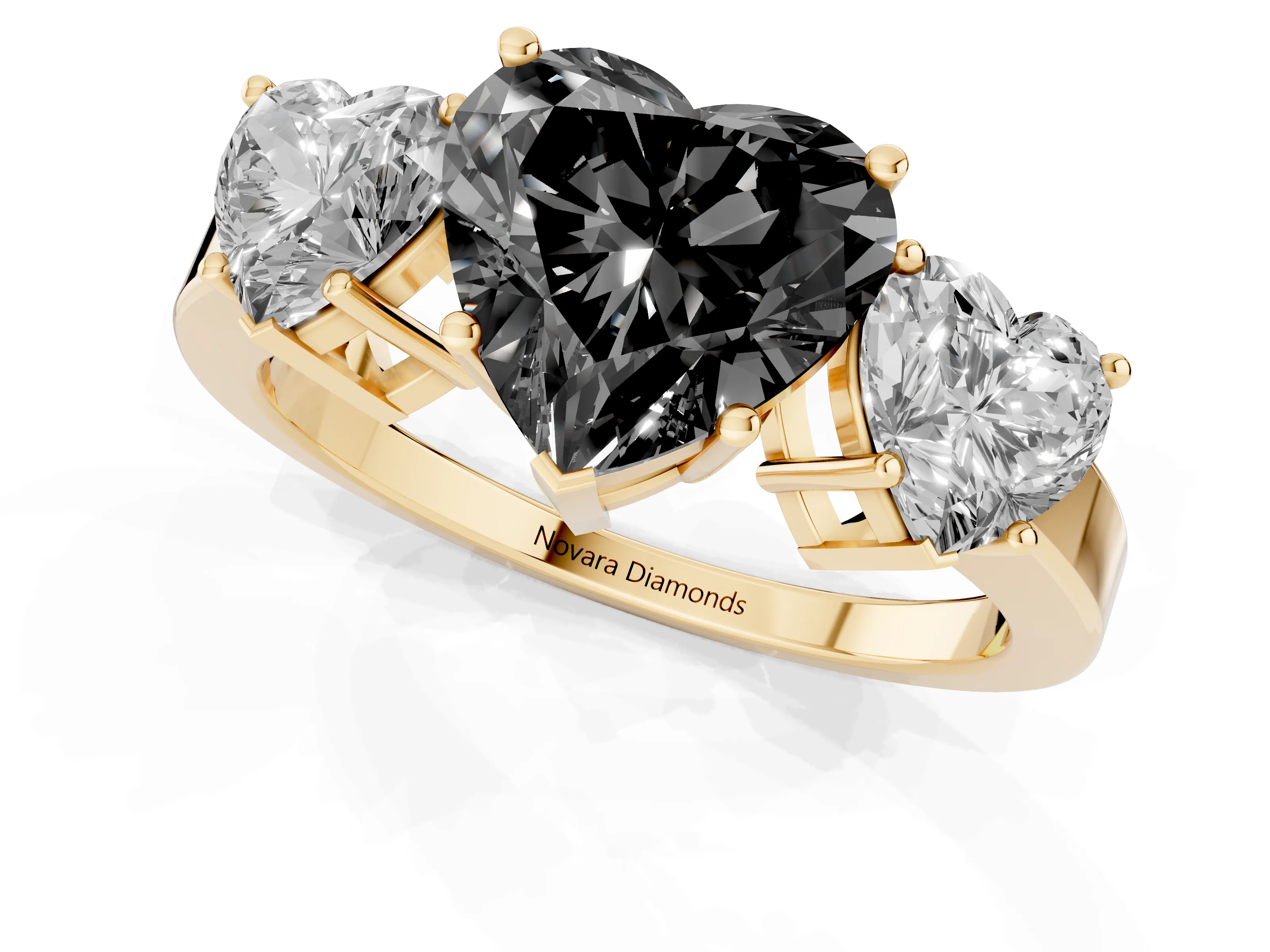 Fancy Black Heart Cut Diamond Three-Stone Engagement Ring Set in Yellow gold with Flat Band