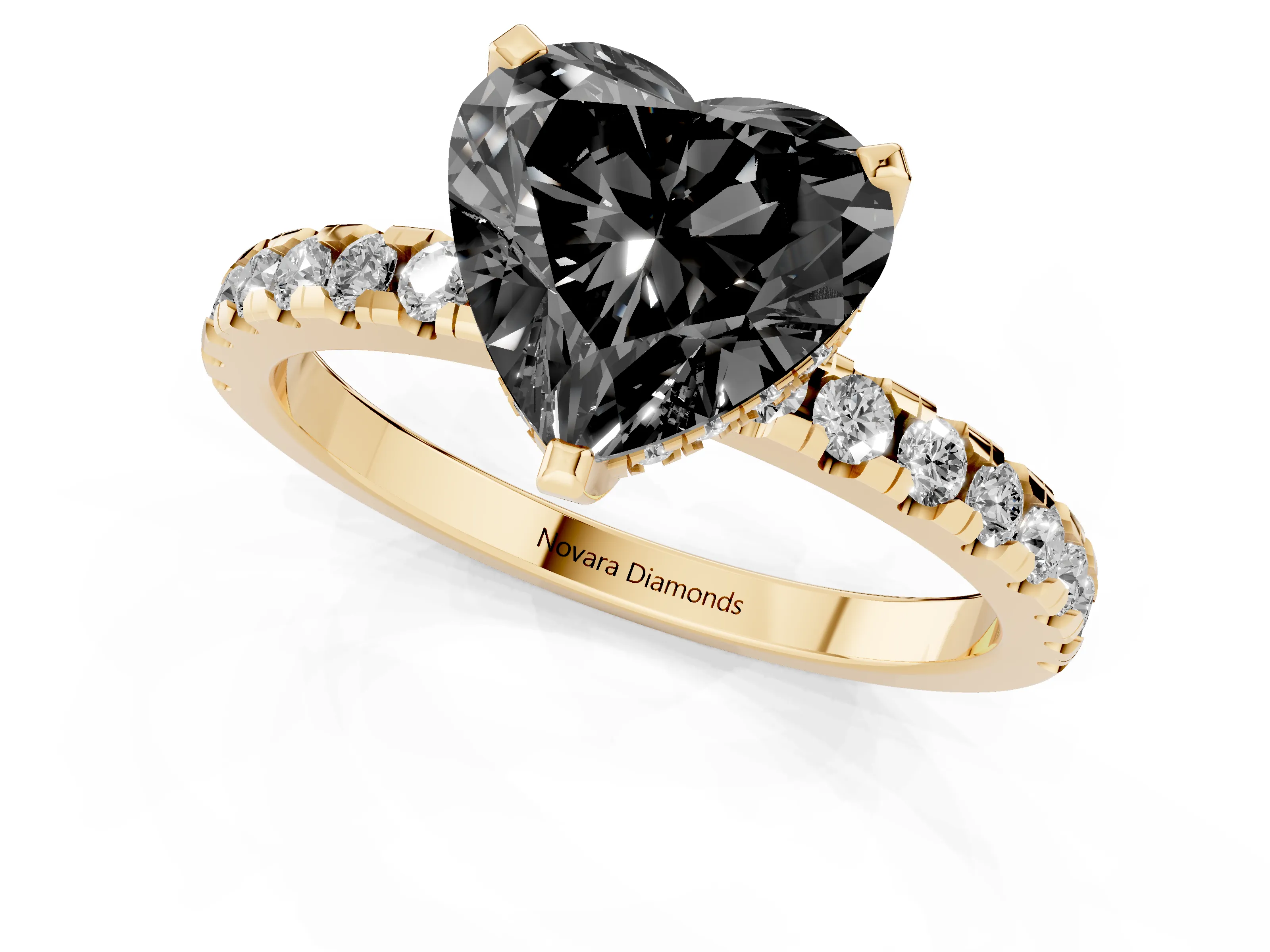 Fancy Black Heart Cut Diamond Pavé Solitaire Ring Set in Yellow gold with Round Band Accents and Prong Setting