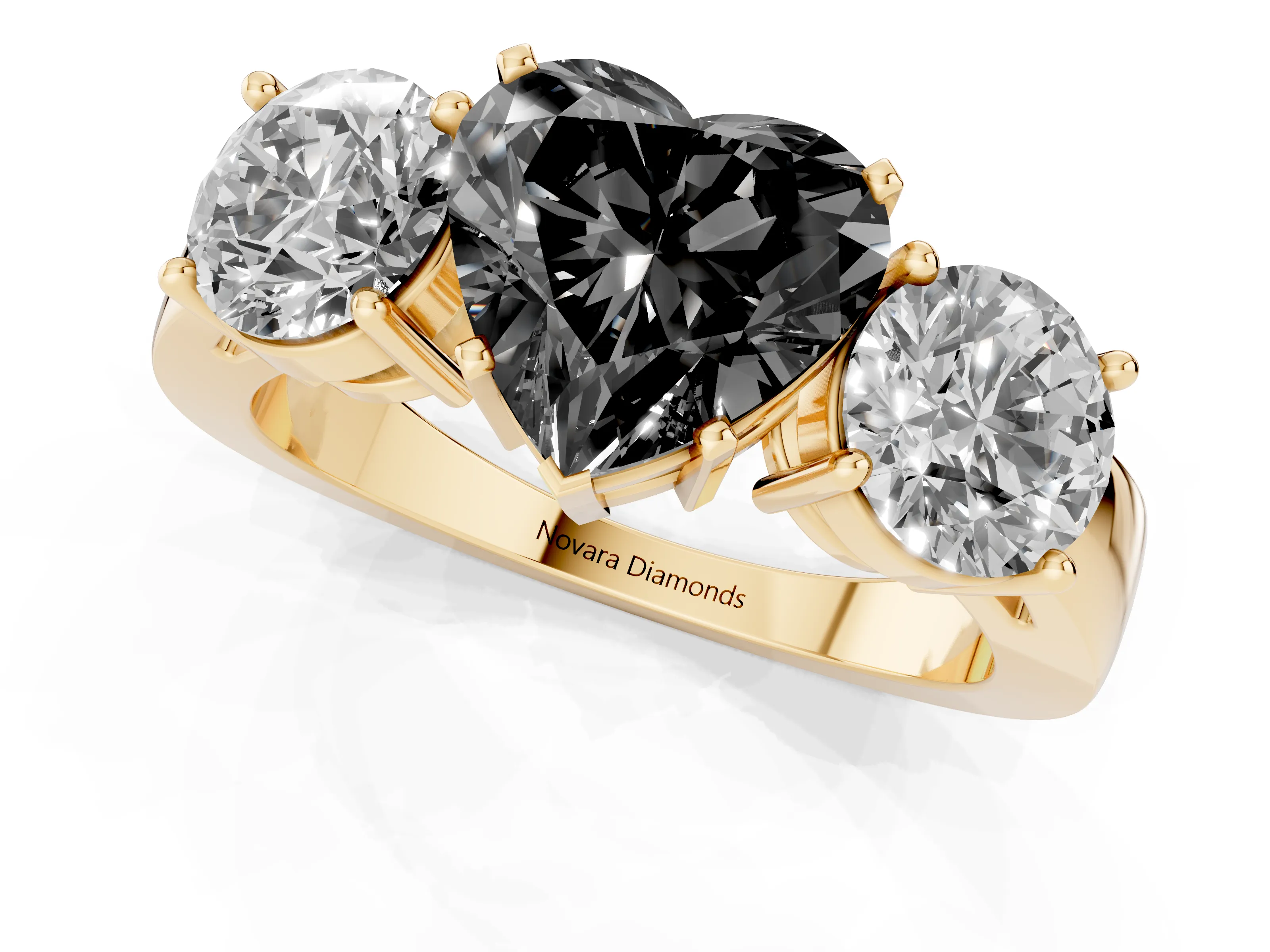 Fancy Black Heart Cut Diamond Three-Stone Ring Set in Yellow gold with Round Side Stones and Classic Band