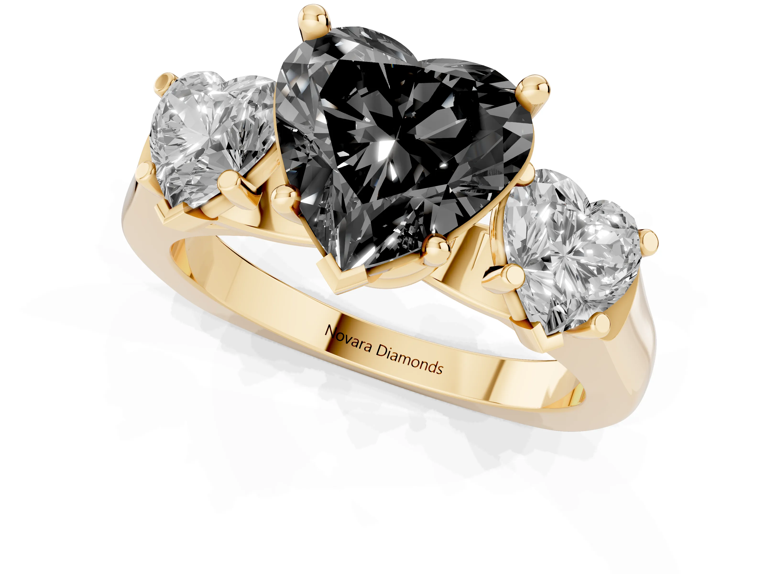 Fancy Black Heart Cut Diamond Three-Stone Trellis Ring Set in Yellow gold with Comfort Fit Band