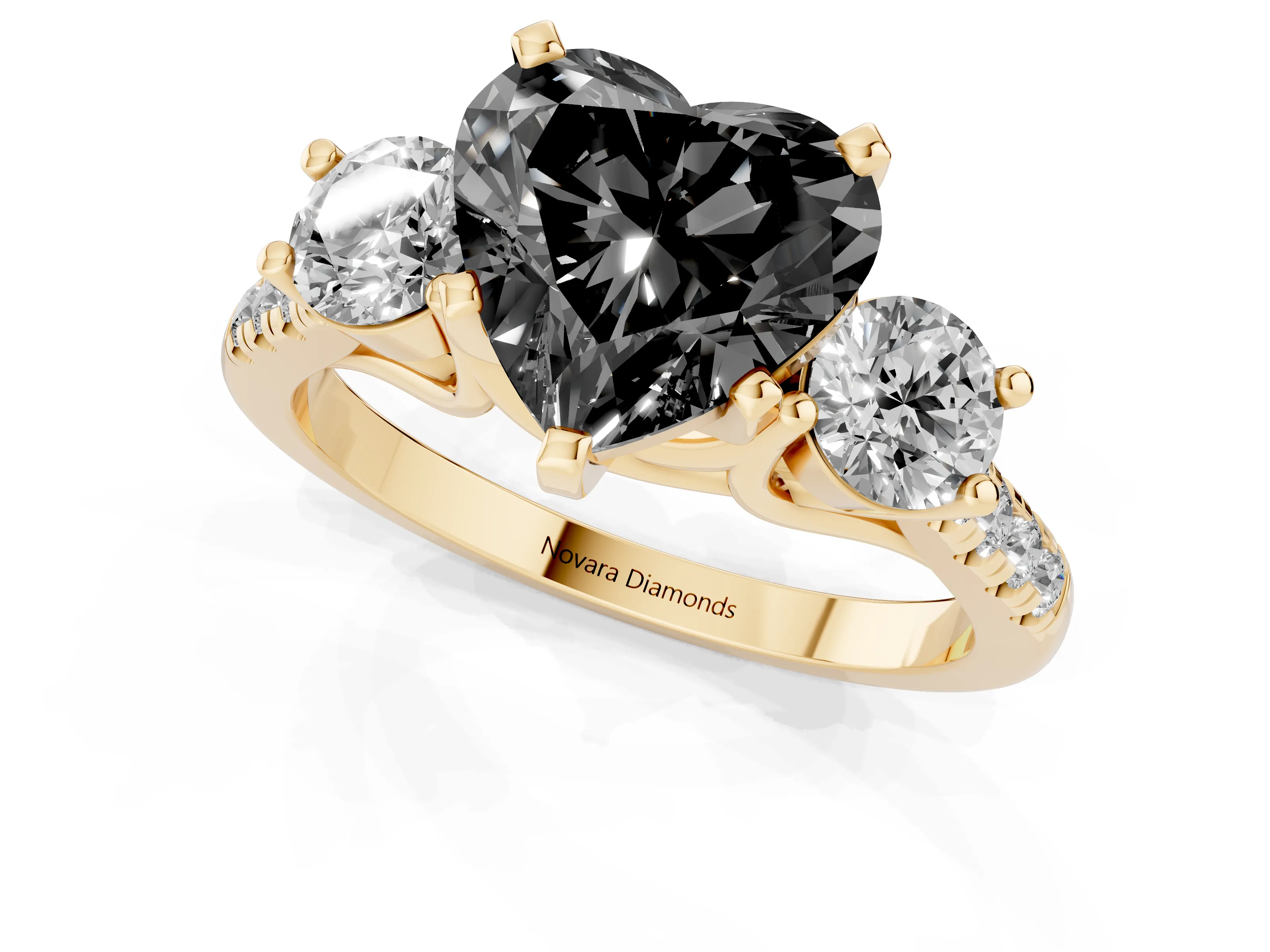 Fancy Black Three-Stone Heart Cut Diamond Pavé Band Ring Set in Yellow gold with Prong-Set Trio