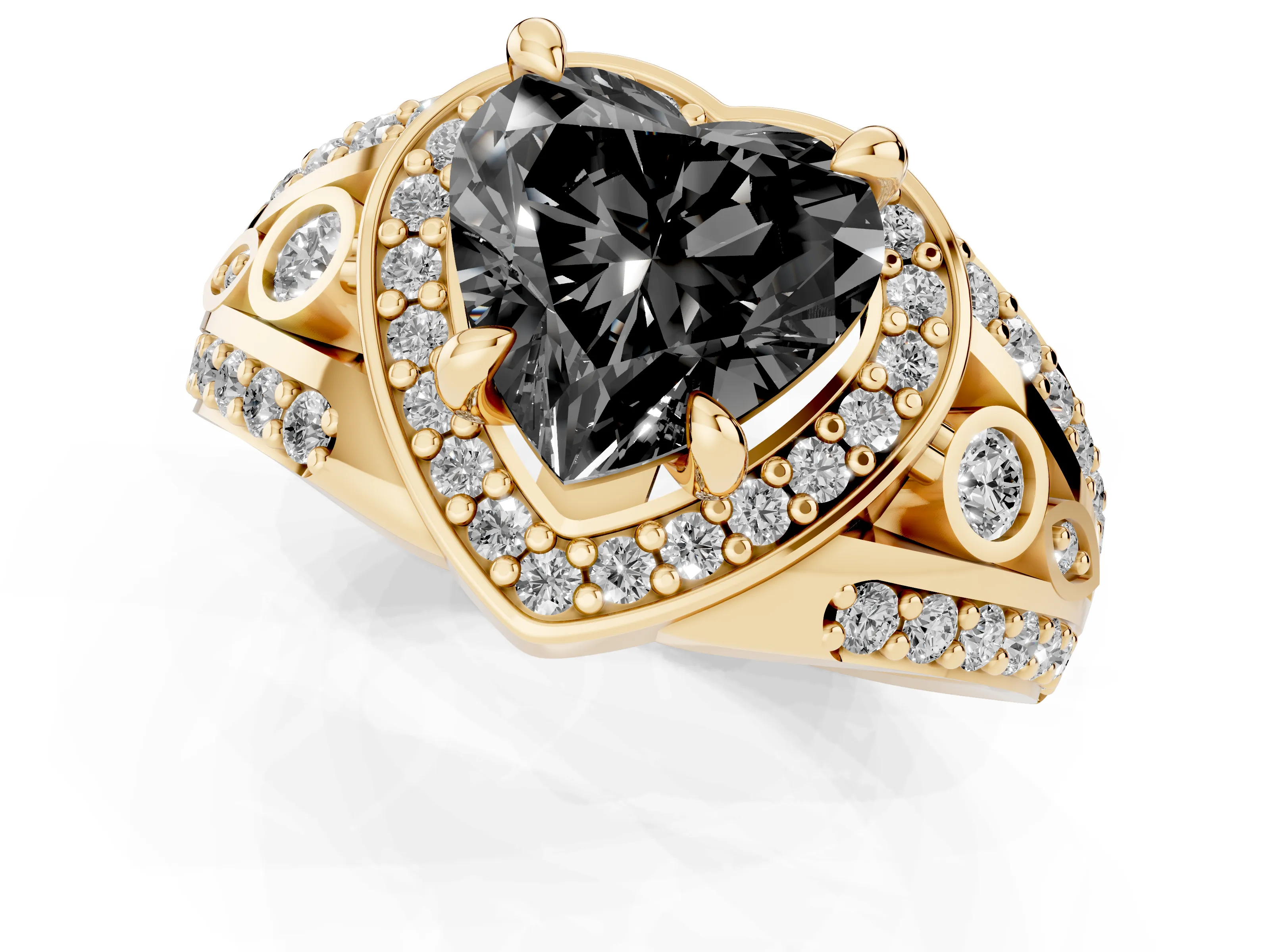 Fancy Black Heart Cut Diamond Halo Ring Set in Yellow gold with Pavé Split Shank and Bezel Accents