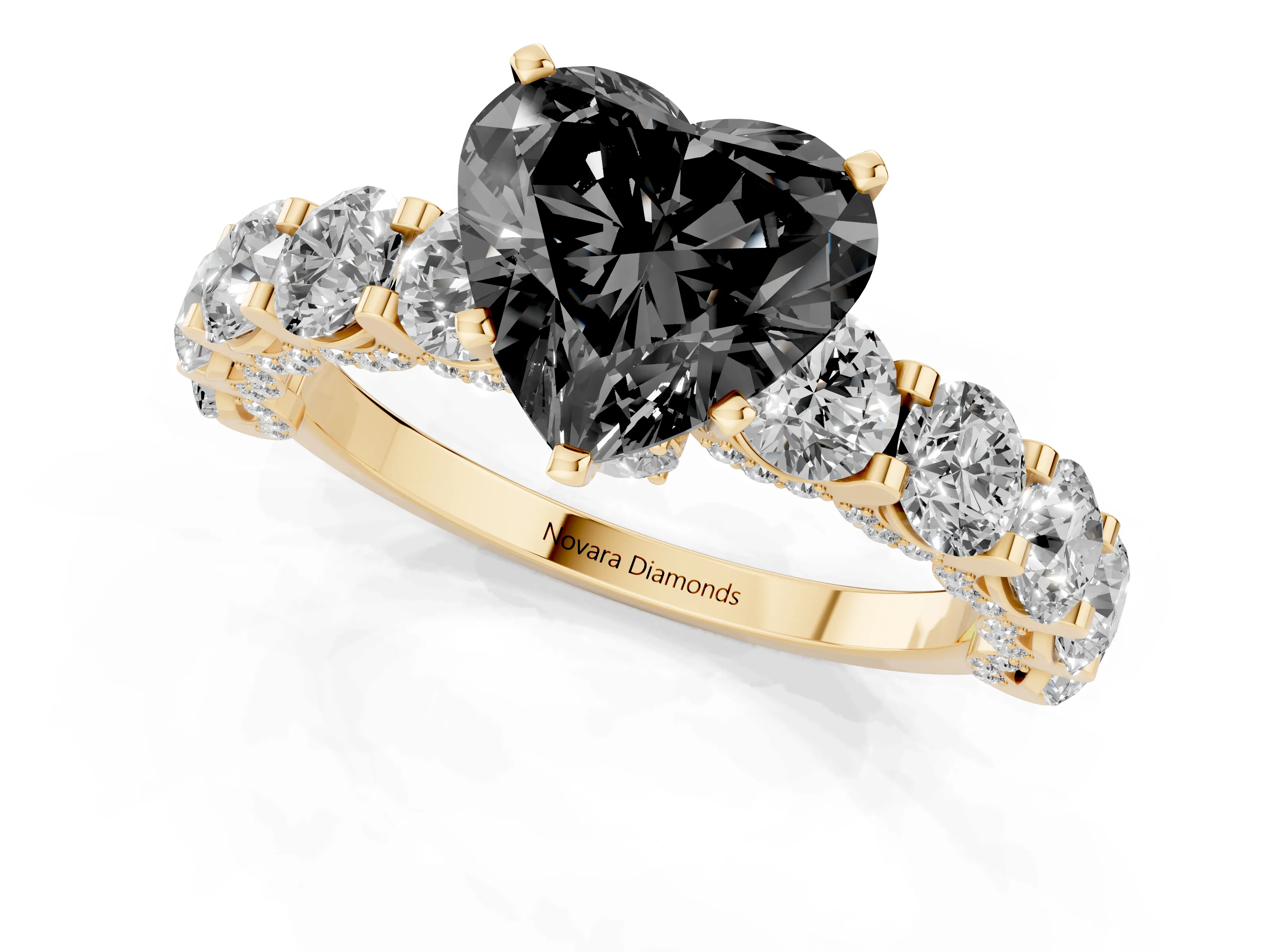Fancy Black Heart Cut Diamond Side Stone Ring Set in Yellow gold with Alternating Round and Oval Side Stones – second view