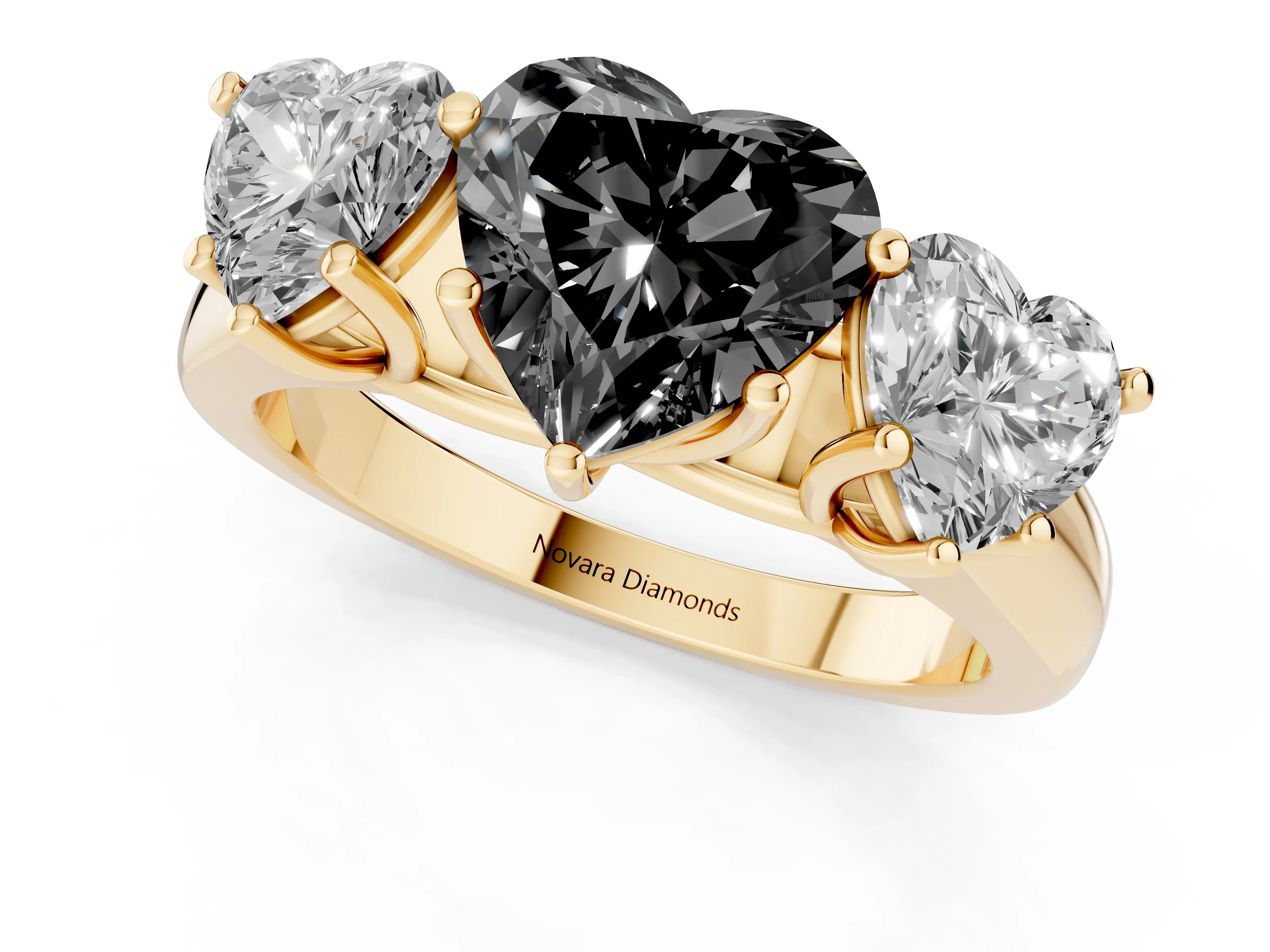 Fancy Black Heart Cut Diamond Three-Stone Ring Set in Yellow gold with Plain Polished Band