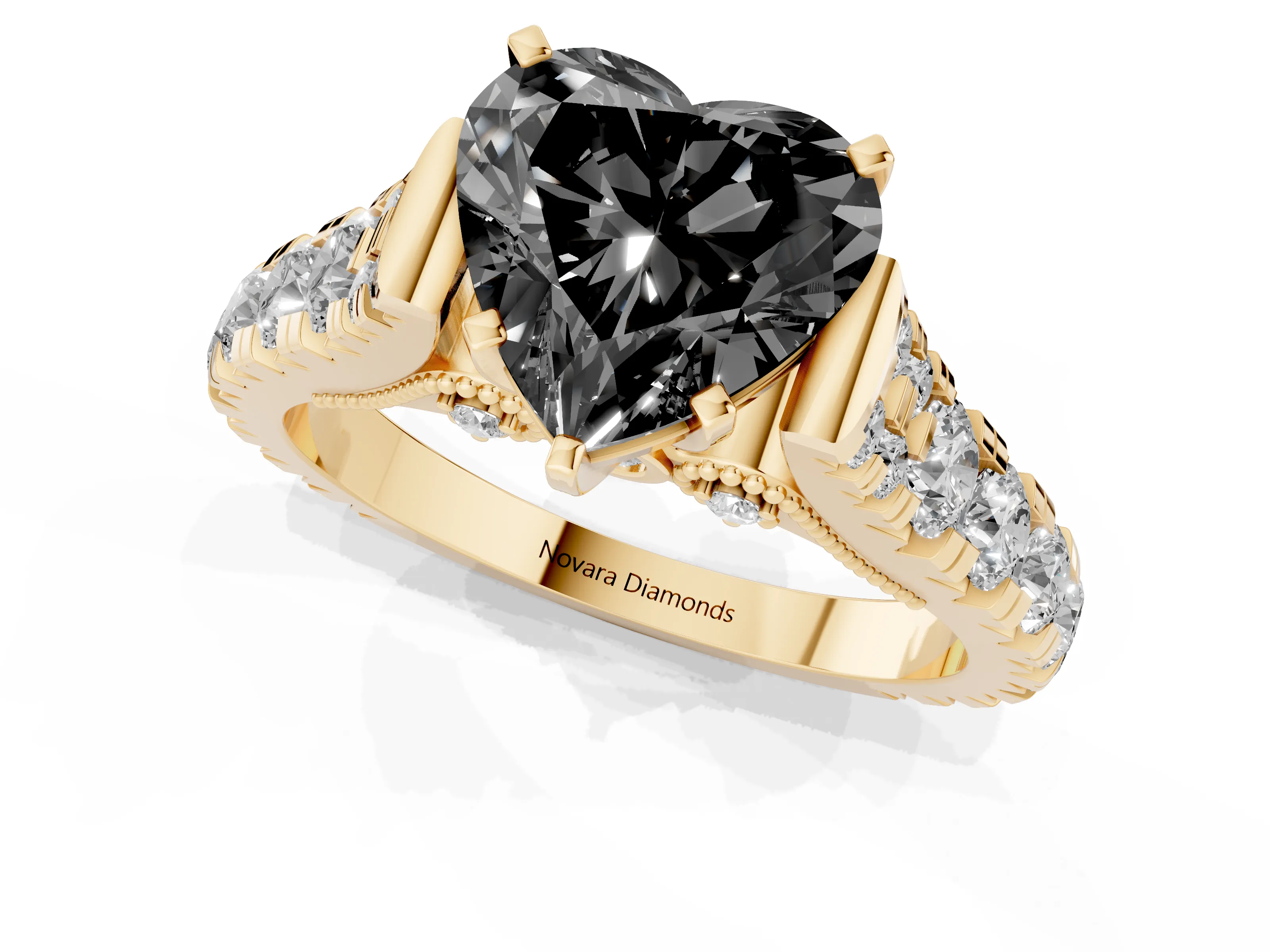 Fancy Black Heart Cut Diamond Classic Solitaire Ring Set in Yellow gold with Pavé Band and Prong Setting