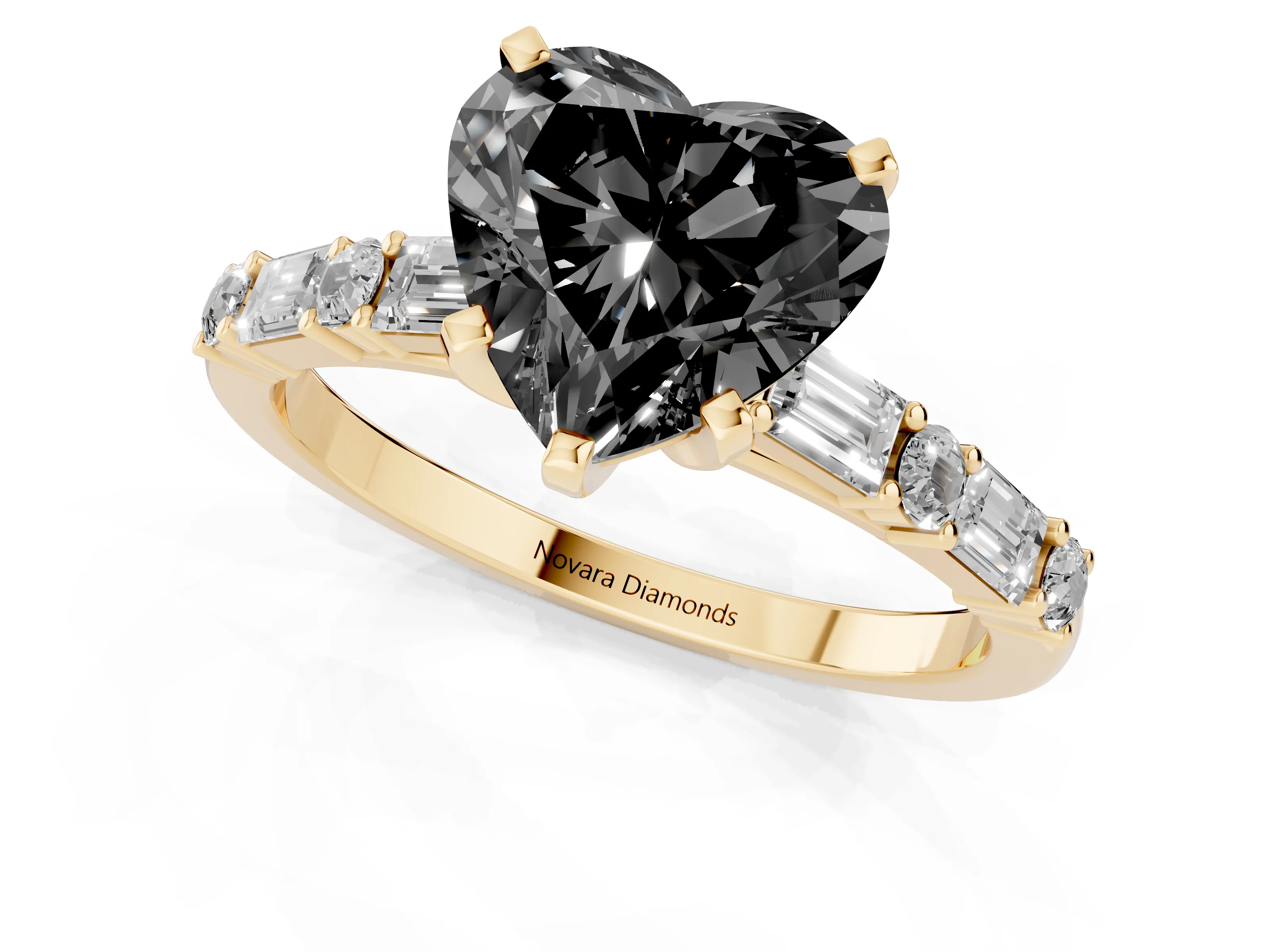Fancy Black Heart Cut Diamond Solitaire Set in Yellow gold with Side Baguettes and Channel Set Band