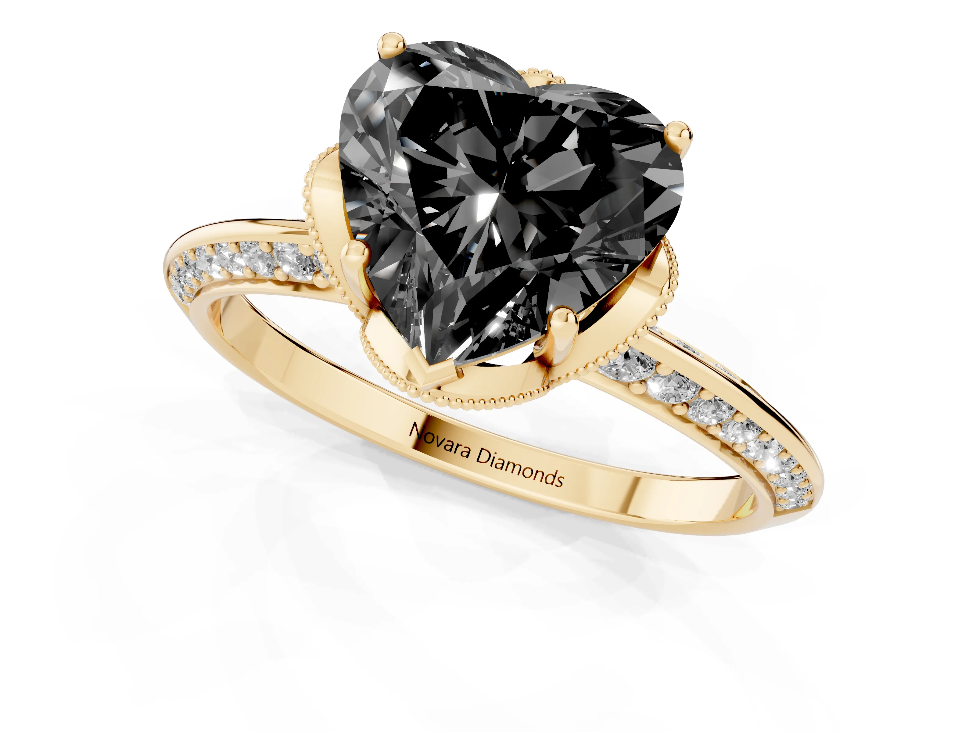 Fancy Black Heart Cut Diamond Solitaire Engagement Ring Set in Yellow gold with Pavé Split Shank and Prong Setting