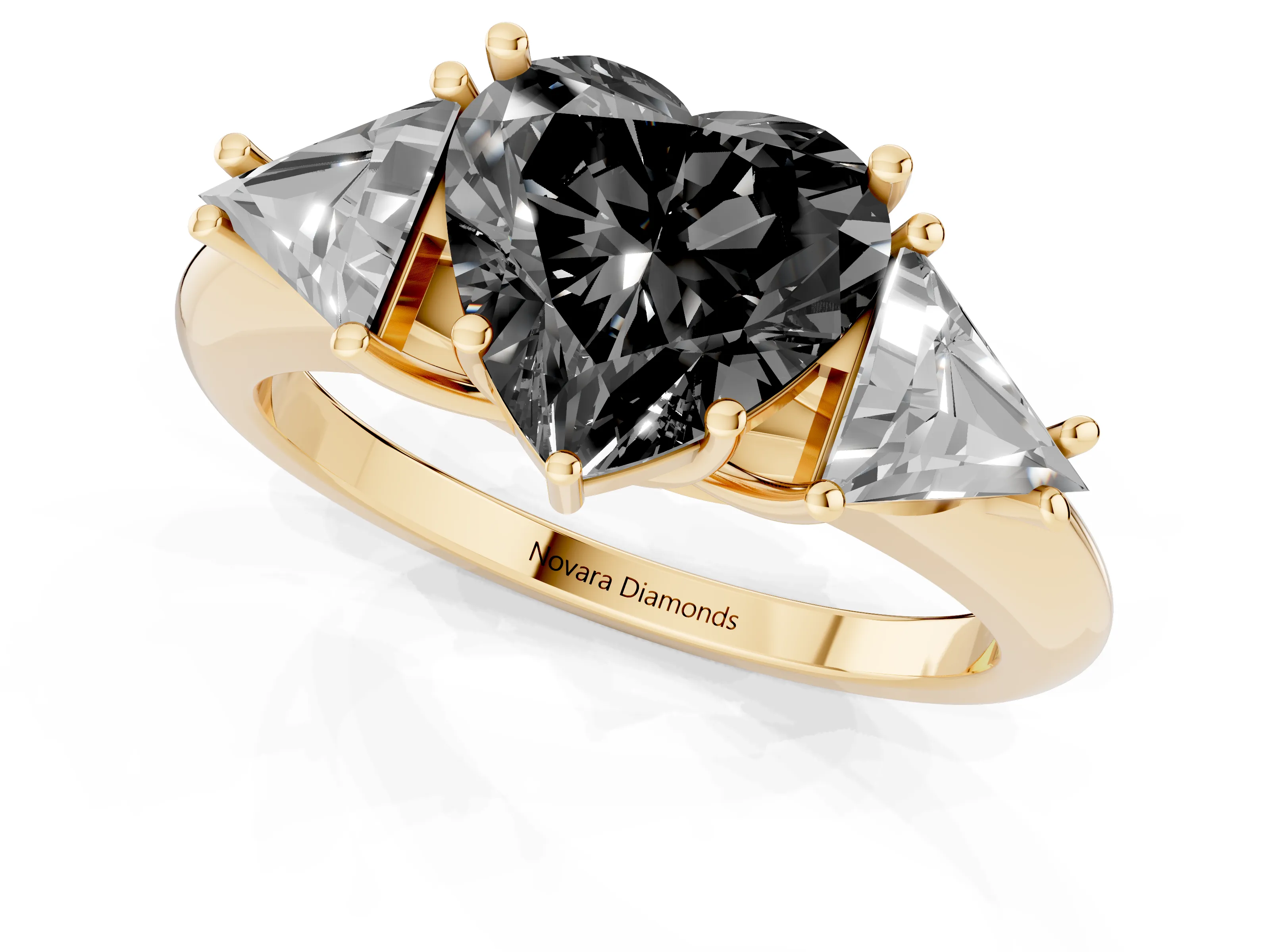 Fancy Black Heart Cut Diamond Three-Stone Engagement Ring Set in Yellow gold with Trillion Side Stones