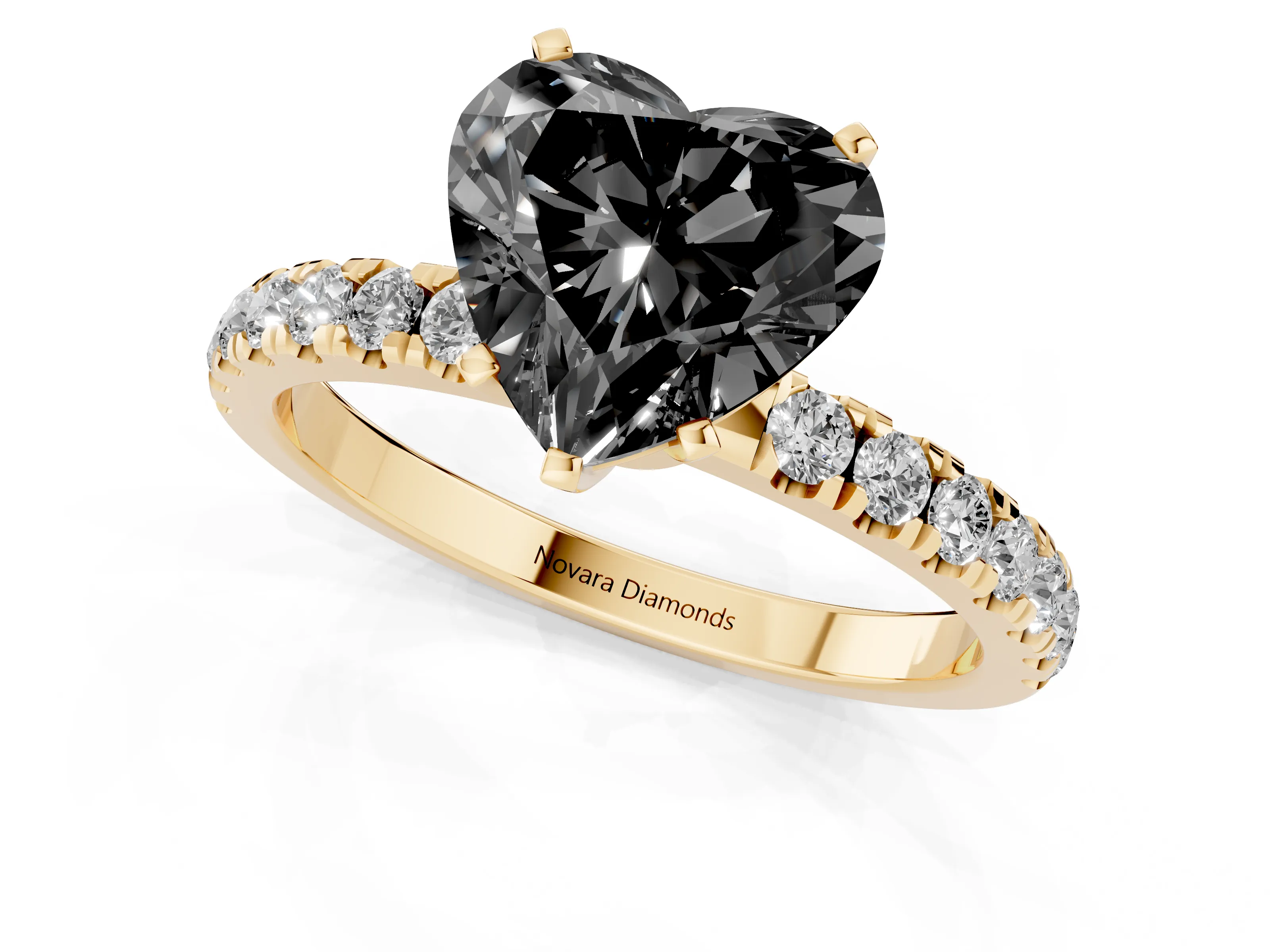 Fancy Black Heart Cut Diamond Solitaire Ring Set in Yellow gold with Pavé Accents and Prong Setting