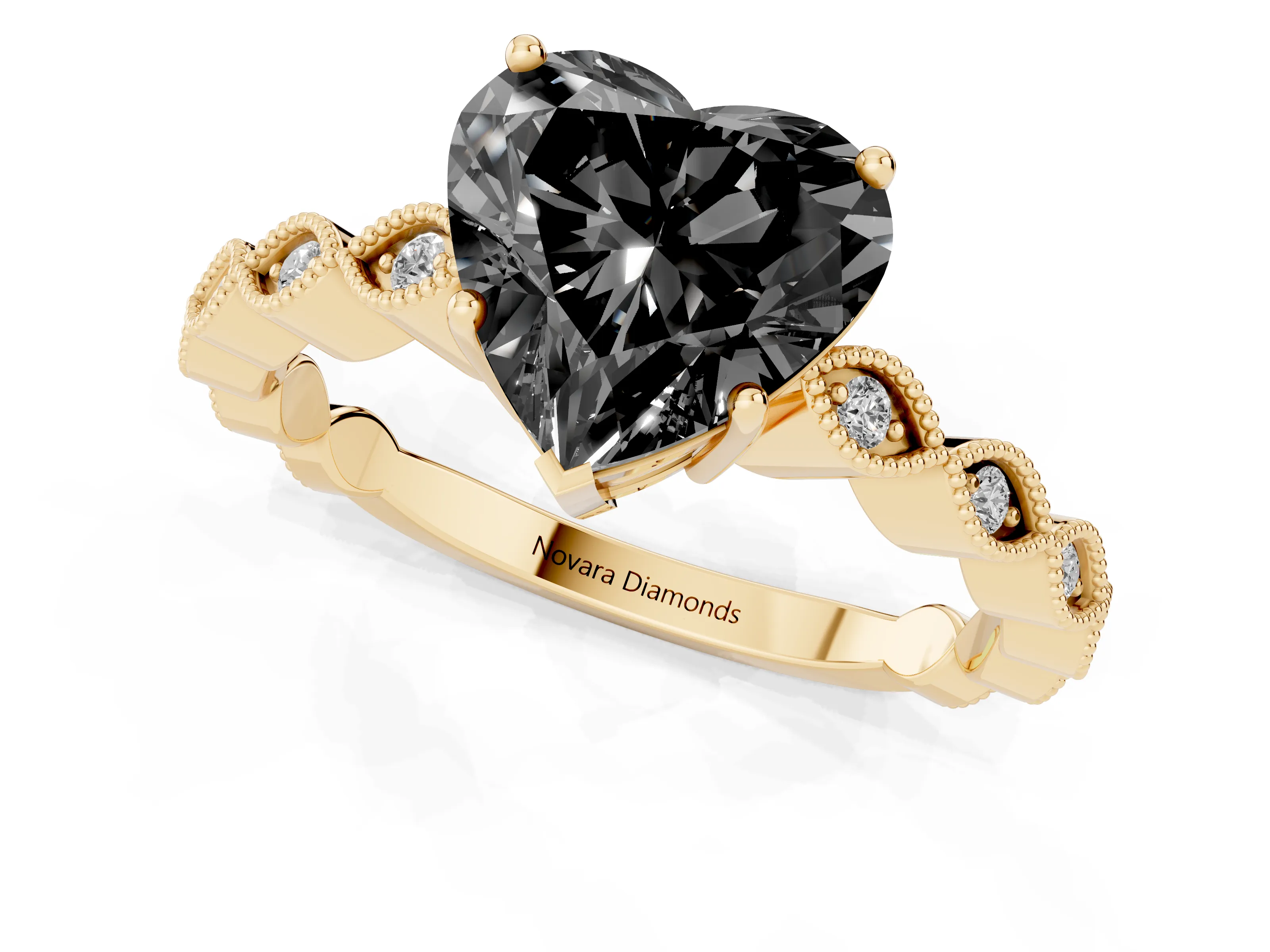 Fancy Black Heart Cut Diamond Solitaire Ring Set in Yellow gold with Infinity Twist Pavé Band