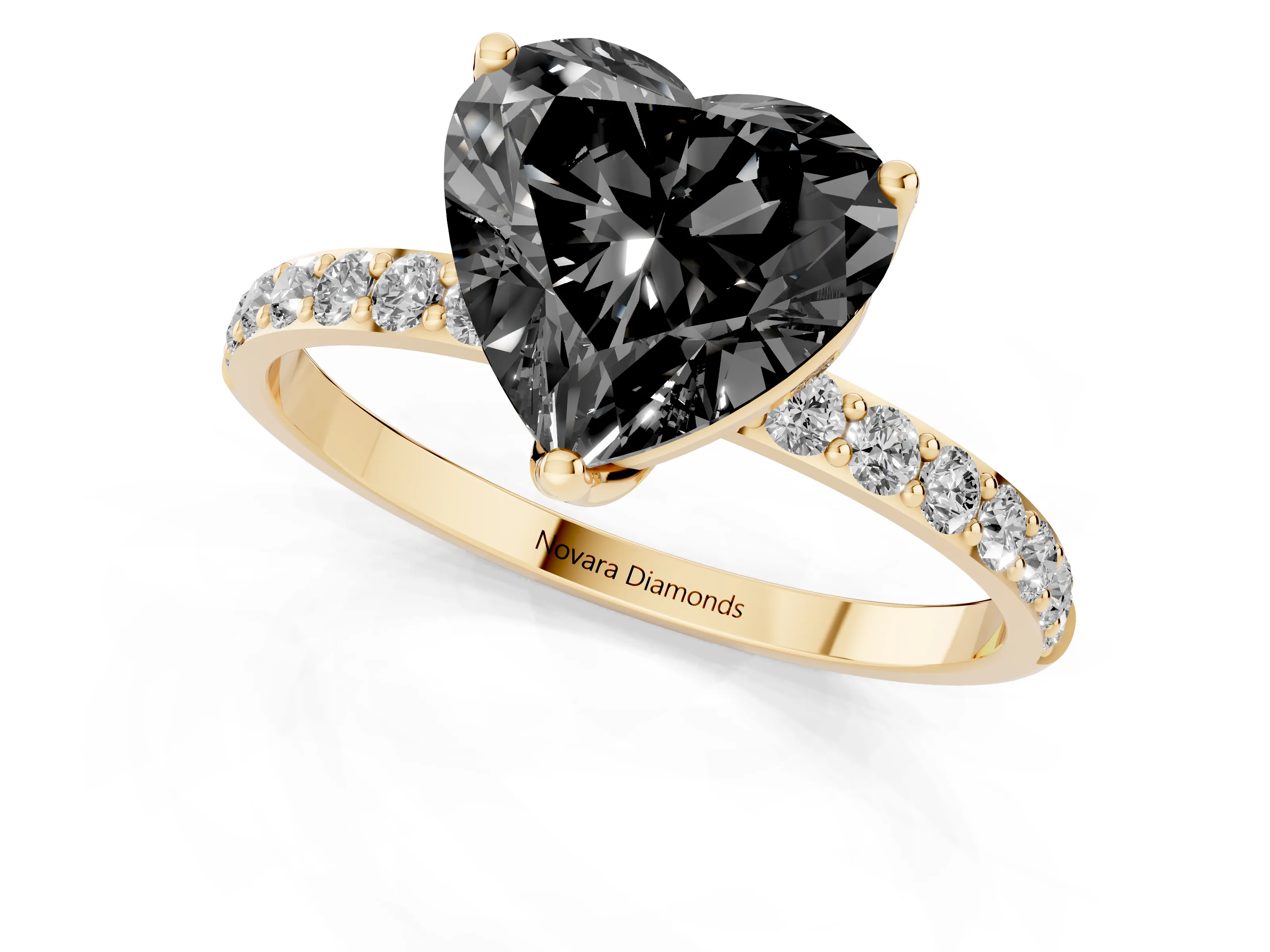 Fancy Black Heart Cut Diamond Solitaire Engagement Ring Set in Yellow gold with Round Pavé Band and Prong Setting