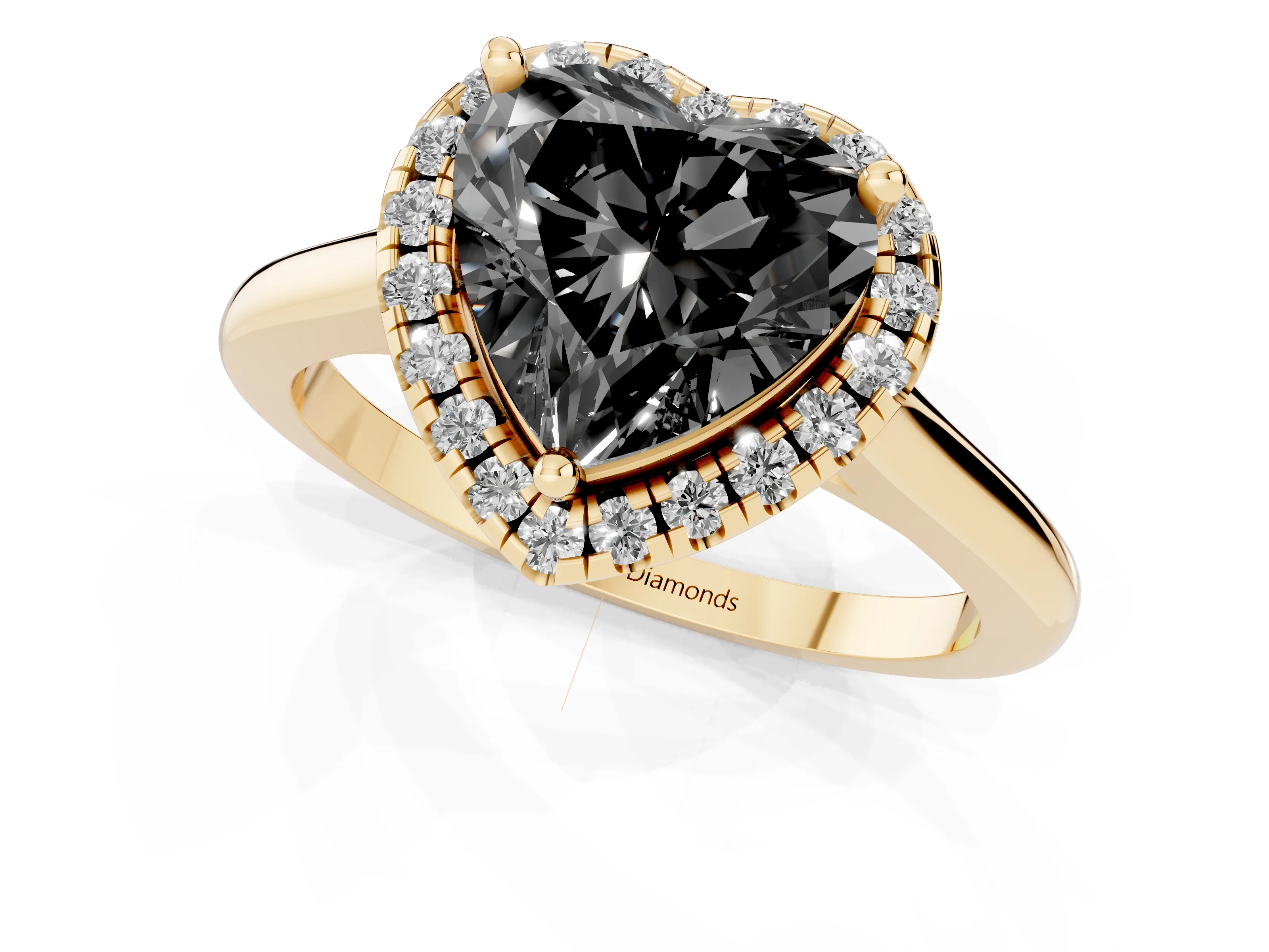 Fancy Black Heart Cut Diamond Halo Engagement Ring Set in Yellow gold with Pavé Band and Rising Shoulders