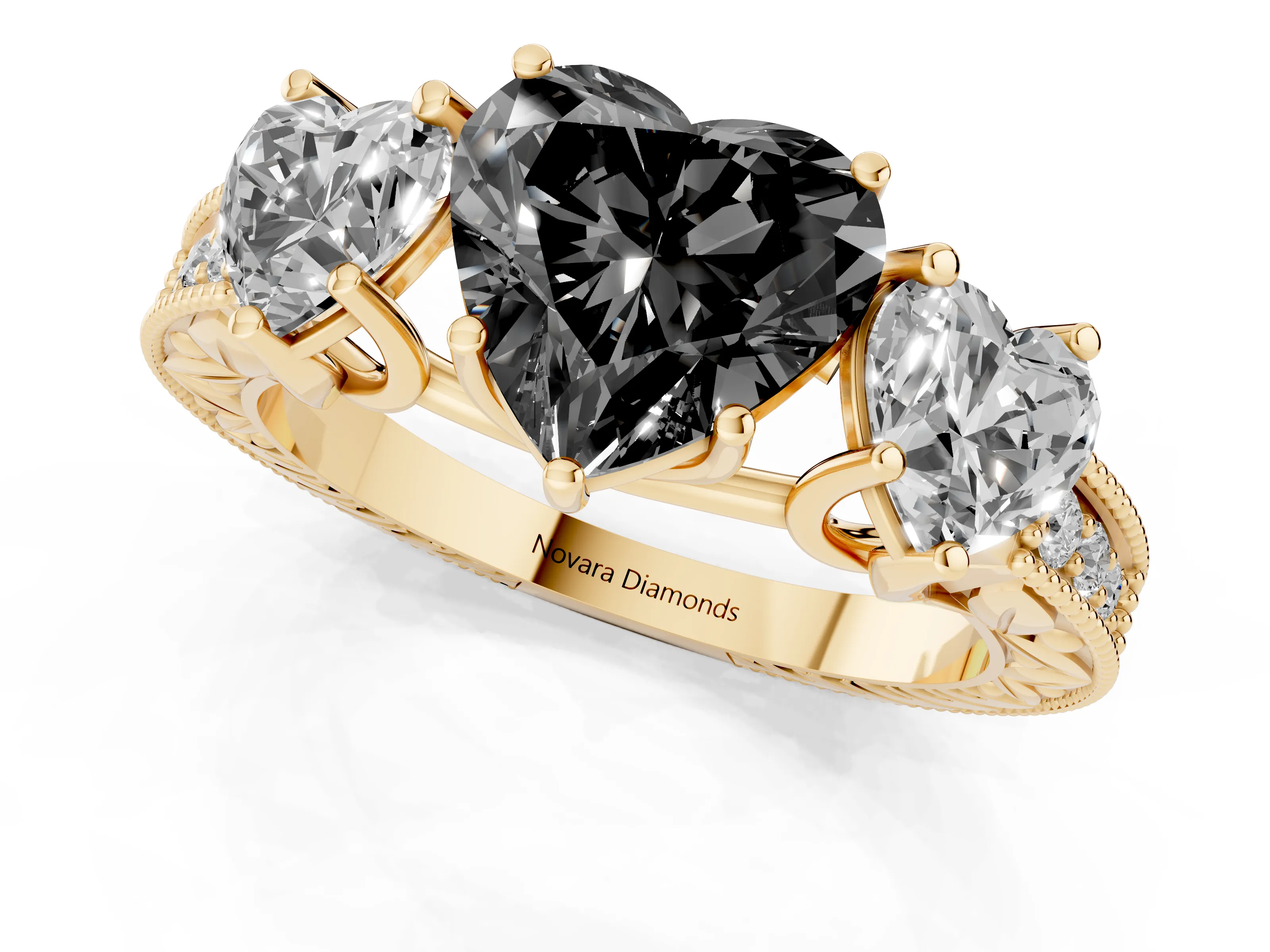Fancy Black Heart Cut Diamond Three-Stone Engagement Ring Set in Yellow gold with Milgrain Pavé Band