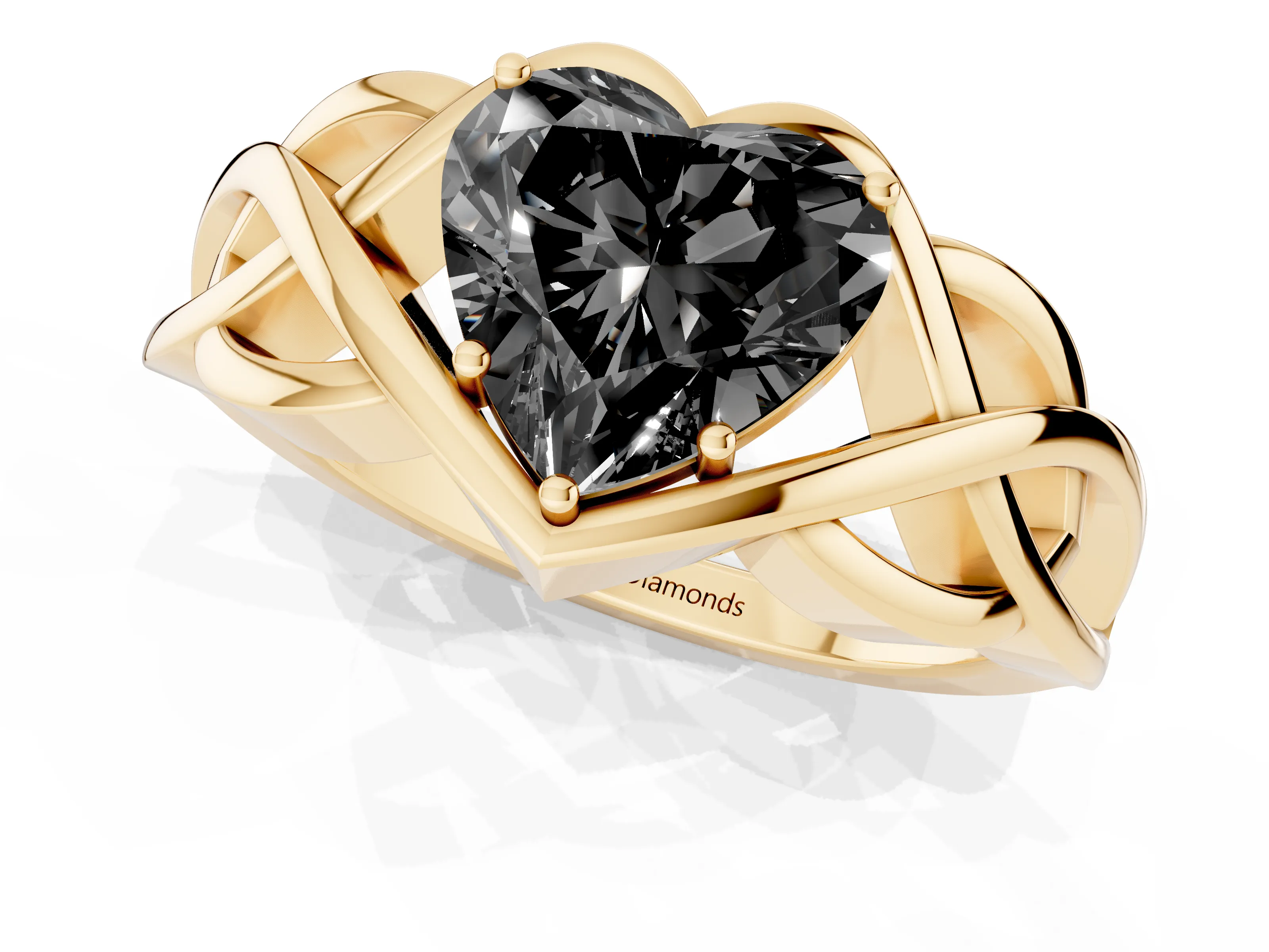 Fancy Black Heart Cut Diamond Solitaire Ring Set in Yellow gold with Intertwined Band