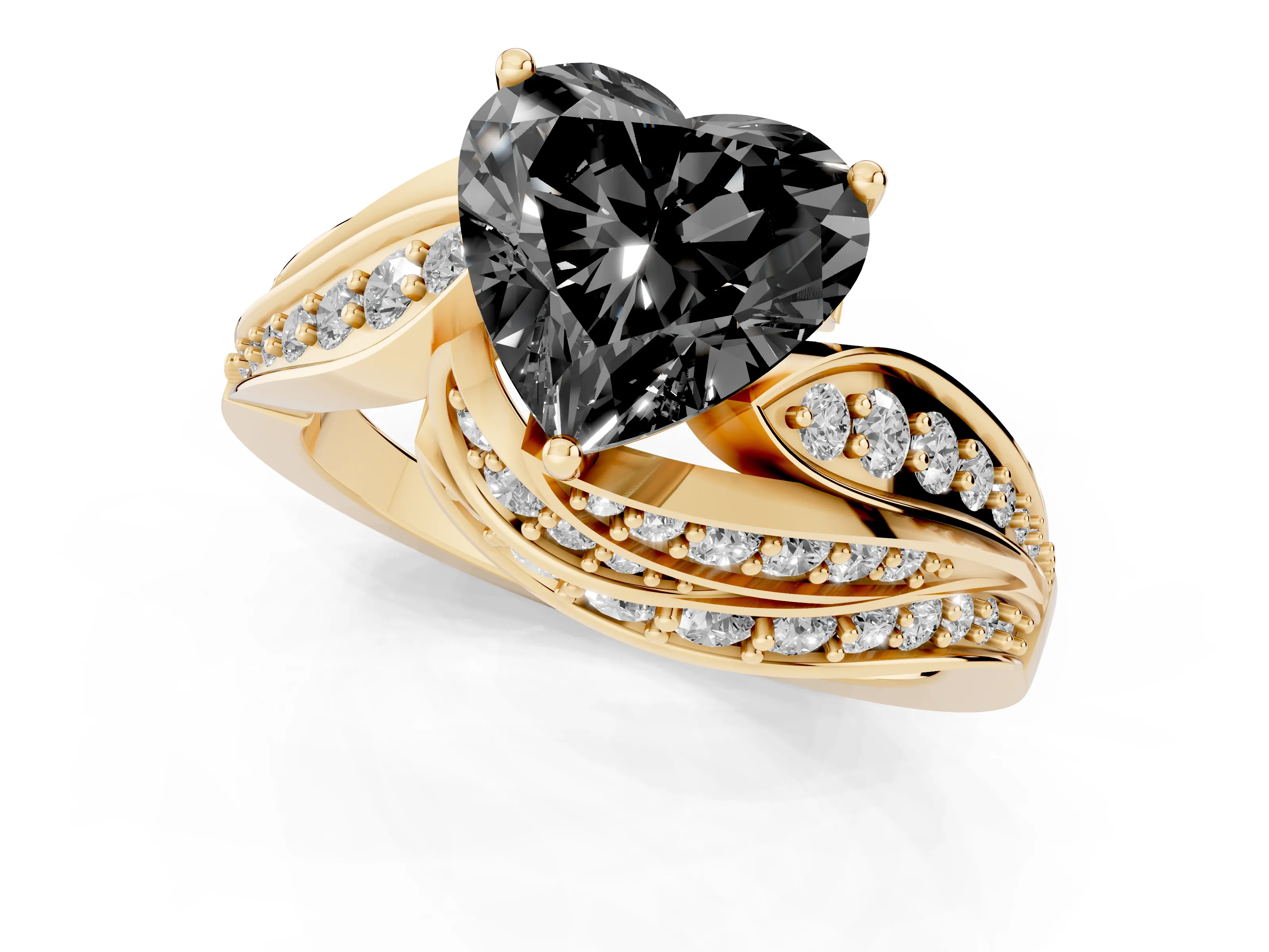 Fancy Black Heart Cut Diamond Solitaire Ring Set in Yellow gold with Layered Twist Pavé Band
