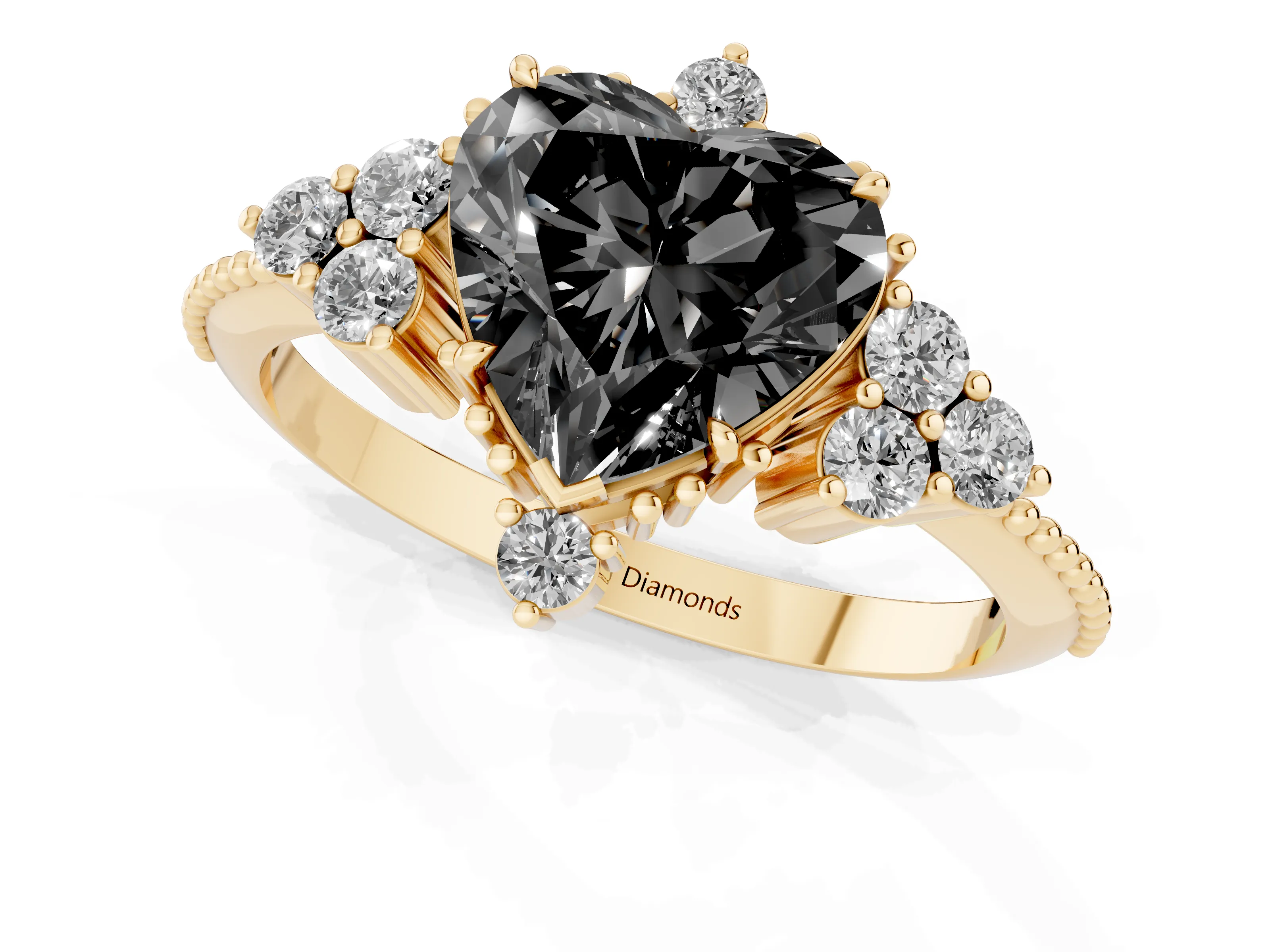 Fancy Black Heart Cut Diamond Cluster Ring Set in Yellow gold with Beaded Band
