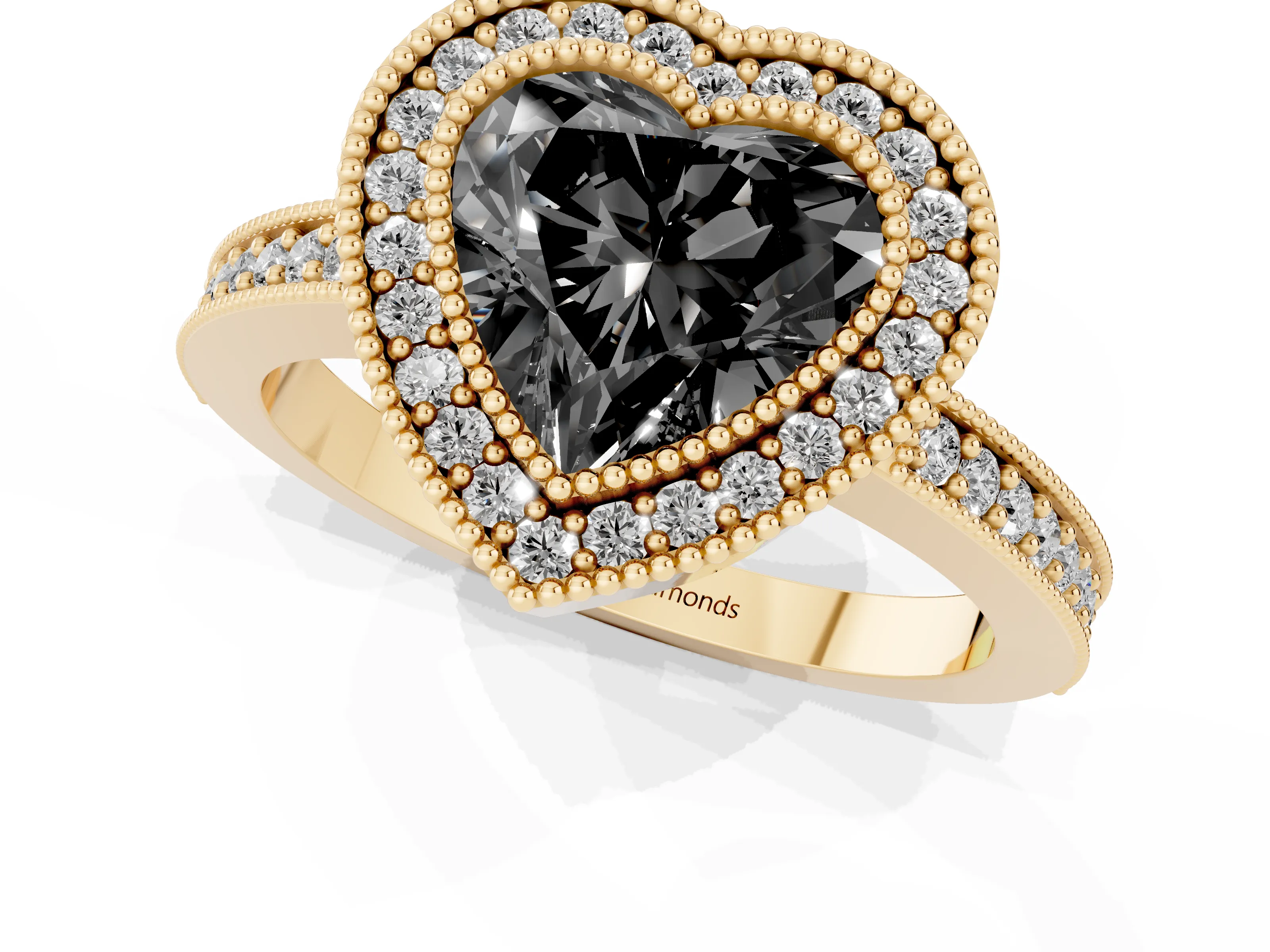 Fancy Black Heart Cut Diamond Halo Engagement Ring Set in Yellow gold with Pavé Band and Round Halo Stones