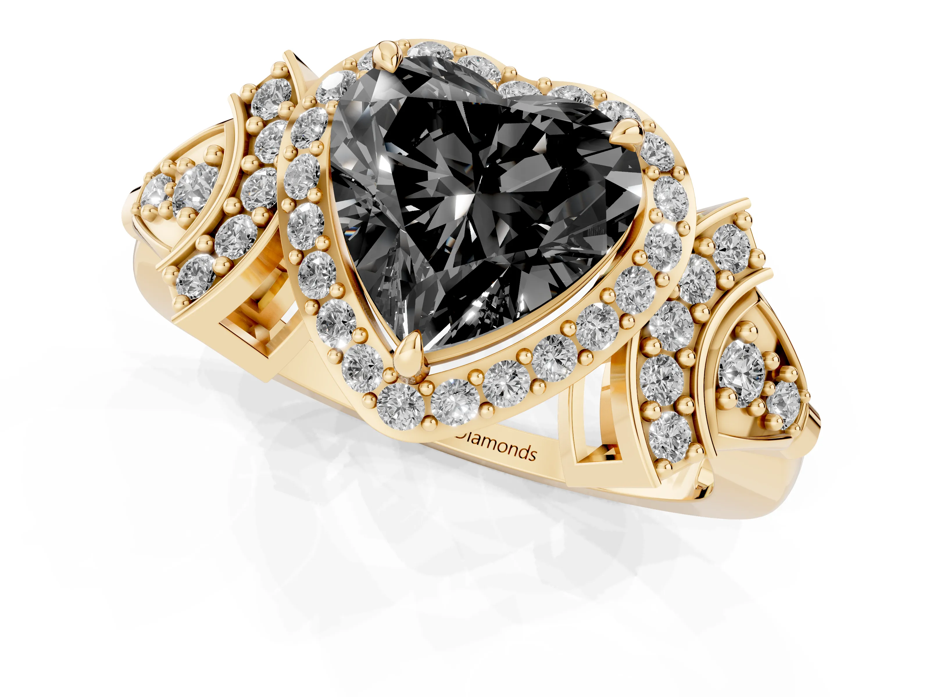 Fancy Black Heart Cut Diamond Halo Engagement Ring Set in Yellow gold with Accent Stone Split Shank