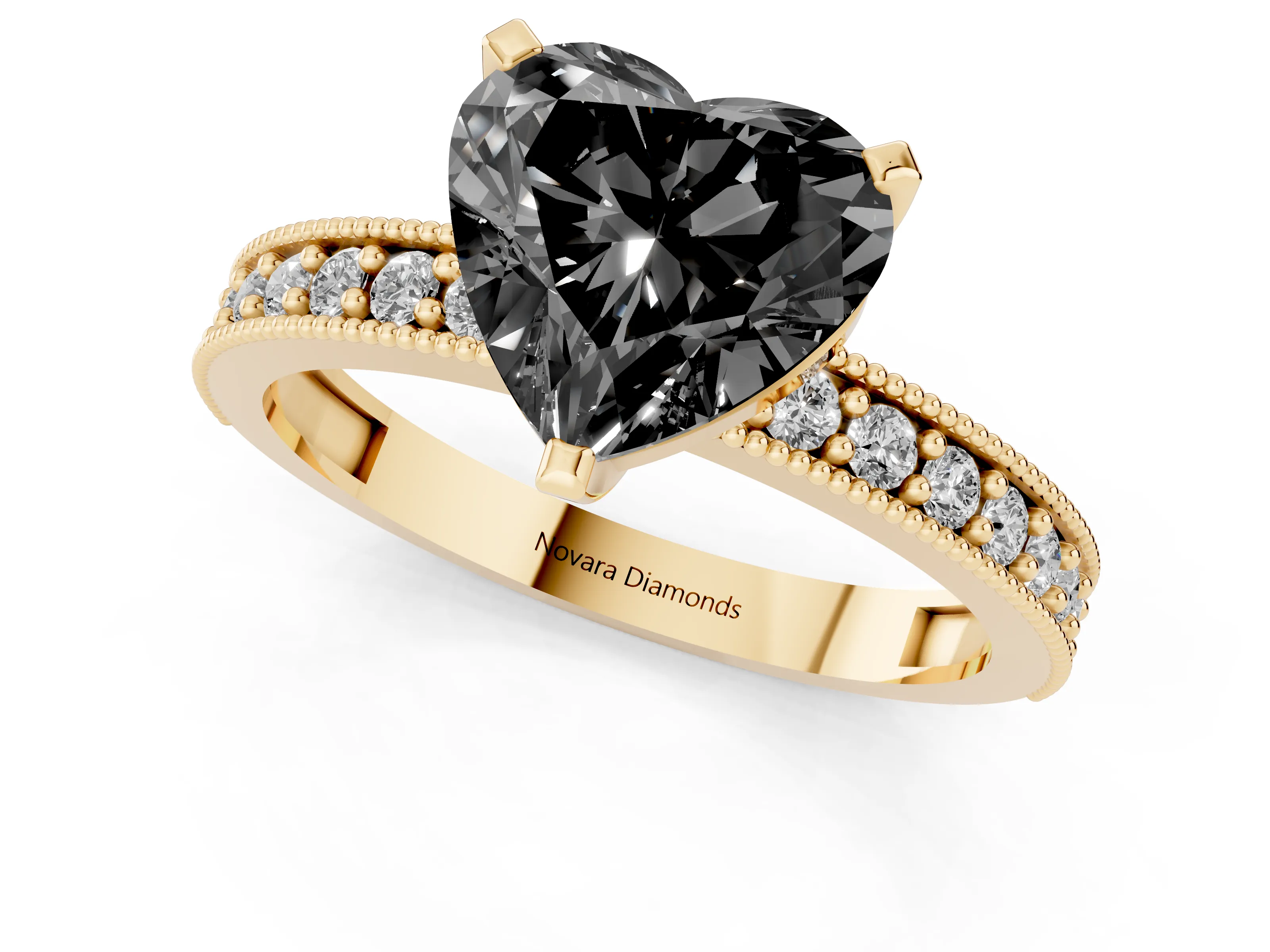 Fancy Black Heart Cut Diamond Milgrain Pavé Engagement Ring Set in Yellow gold with Prong Setting