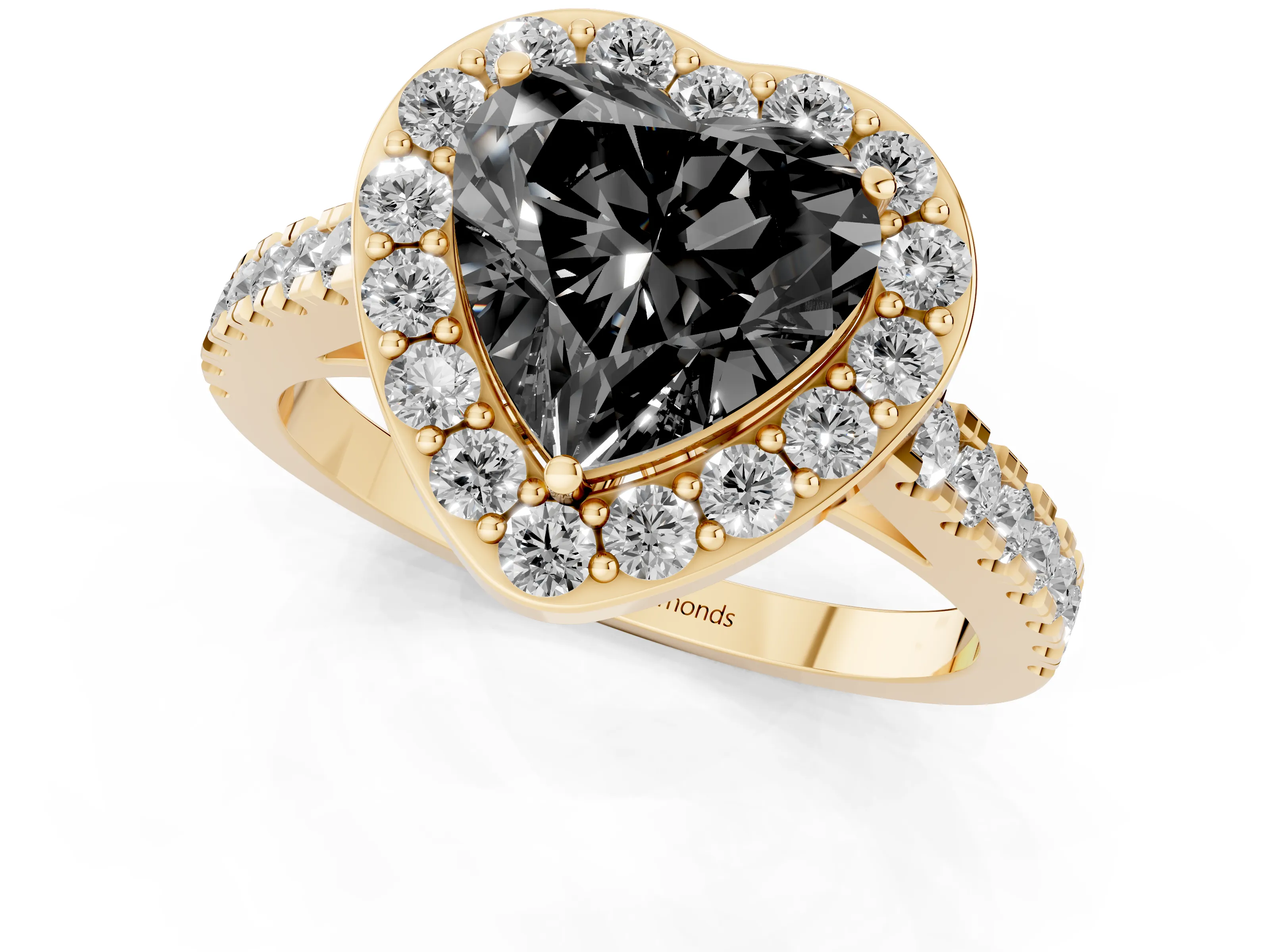 Fancy Black Heart Cut Diamond Halo Ring Set in Yellow gold with Round Pavé Split Shank and Prong Setting
