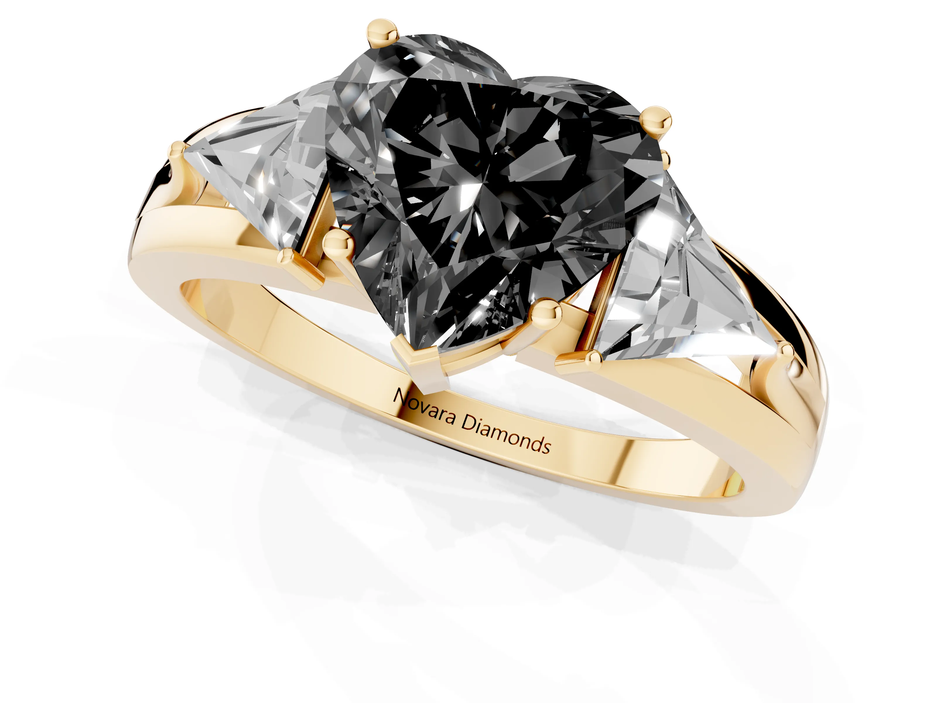 Fancy Black Heart Cut Diamond Three-Stone Ring Set in Yellow gold with Trillion Side Stones and Split Shank