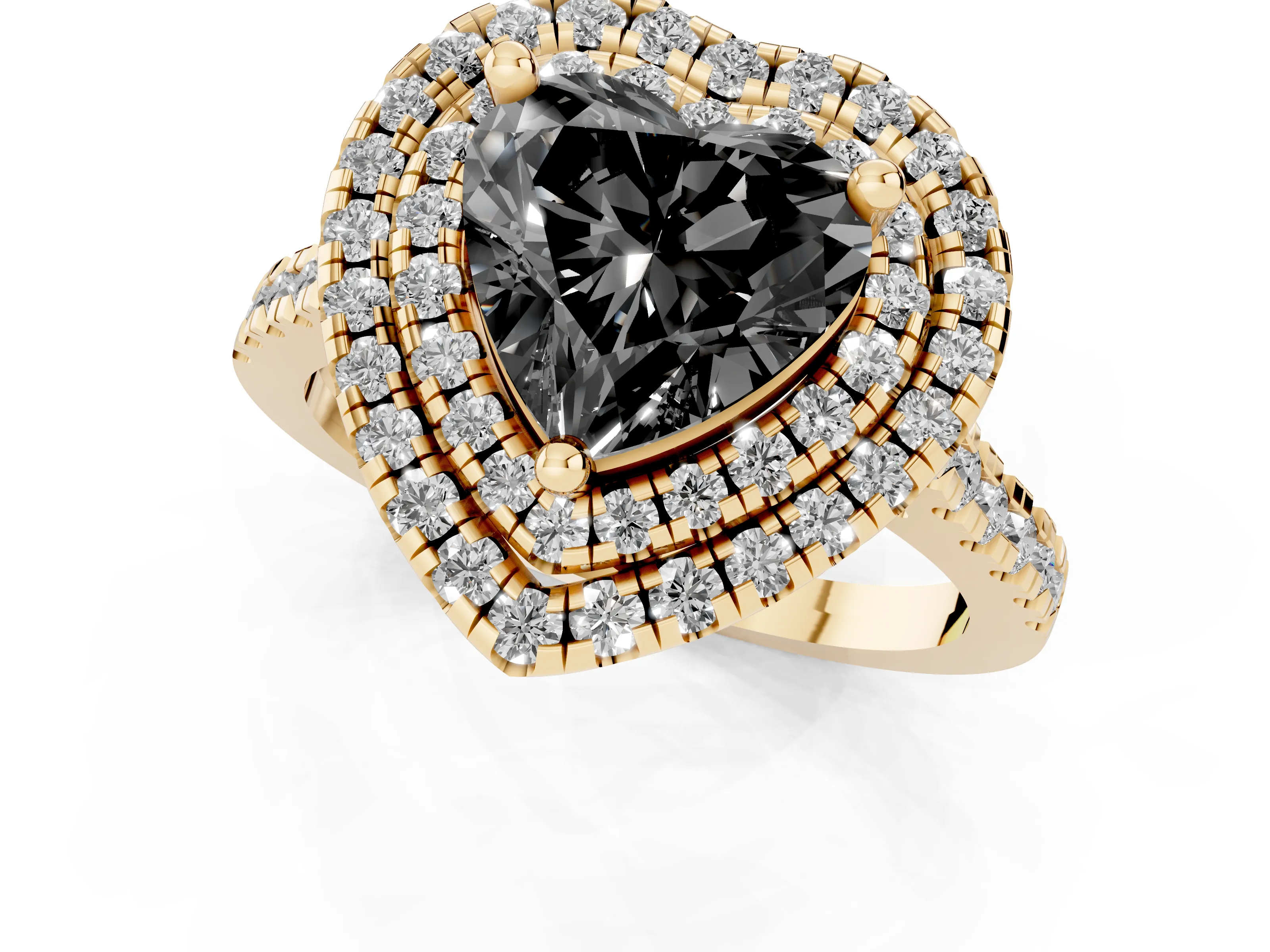 Fancy Black Heart Cut Diamond Double Halo Statement Ring Set in Yellow gold with Pavé Band