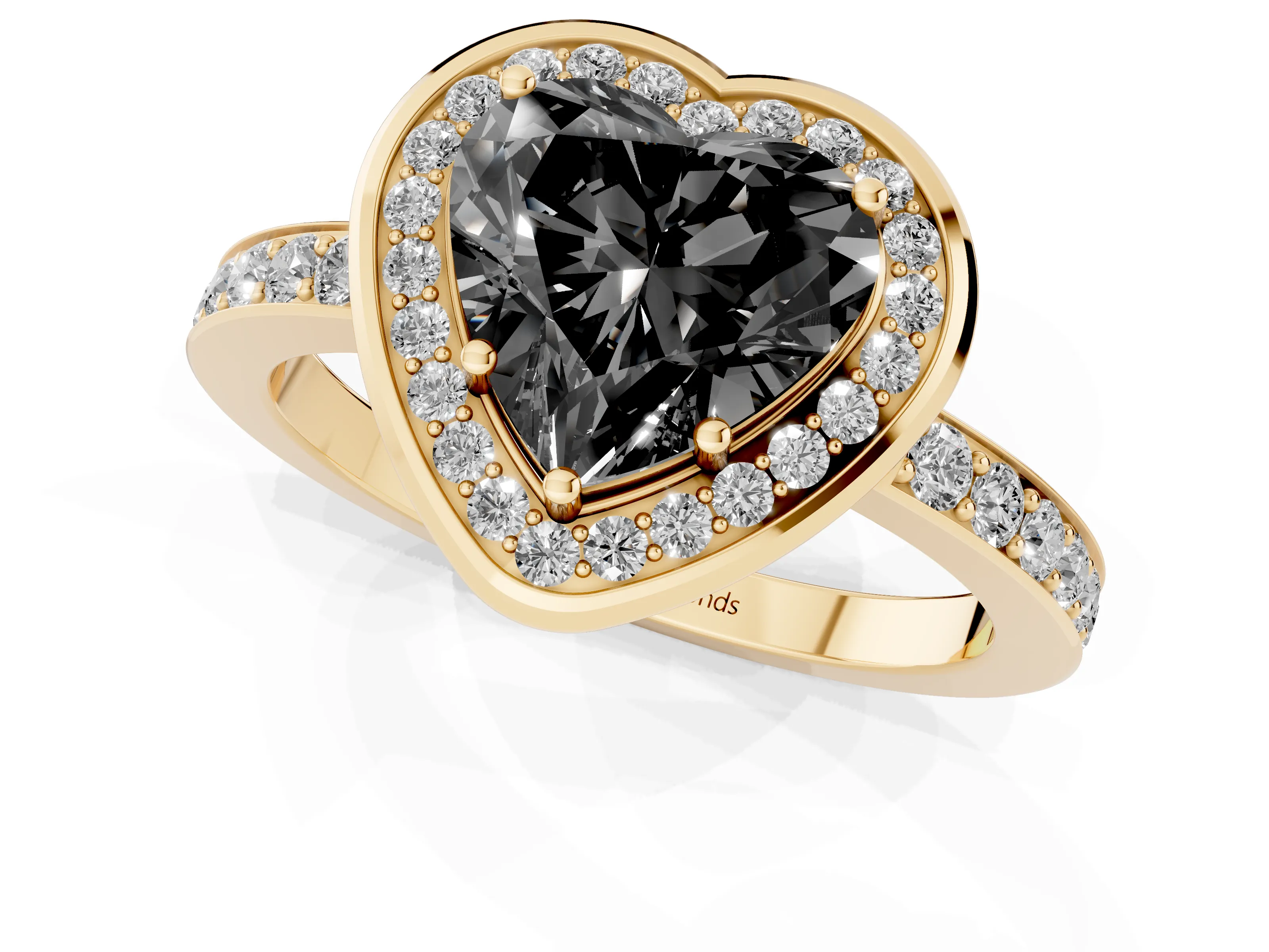 Fancy Black Heart Cut Diamond Halo Ring Set in Yellow gold with Bezel Frame and Pavé Band