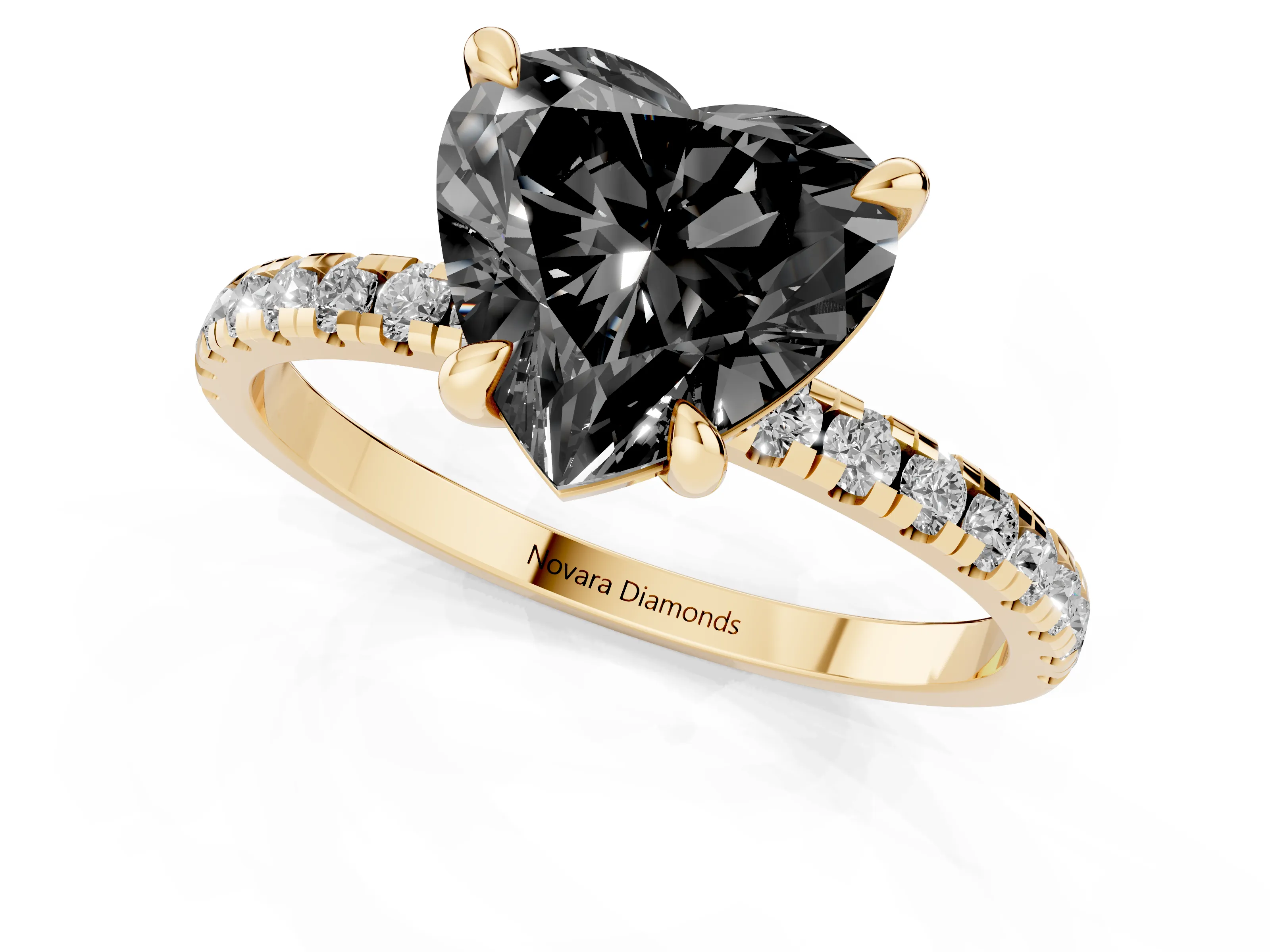 Fancy Black Heart Cut Diamond Brilliant Solitaire Ring Set in Yellow gold with Pavé Band and Prong Setting