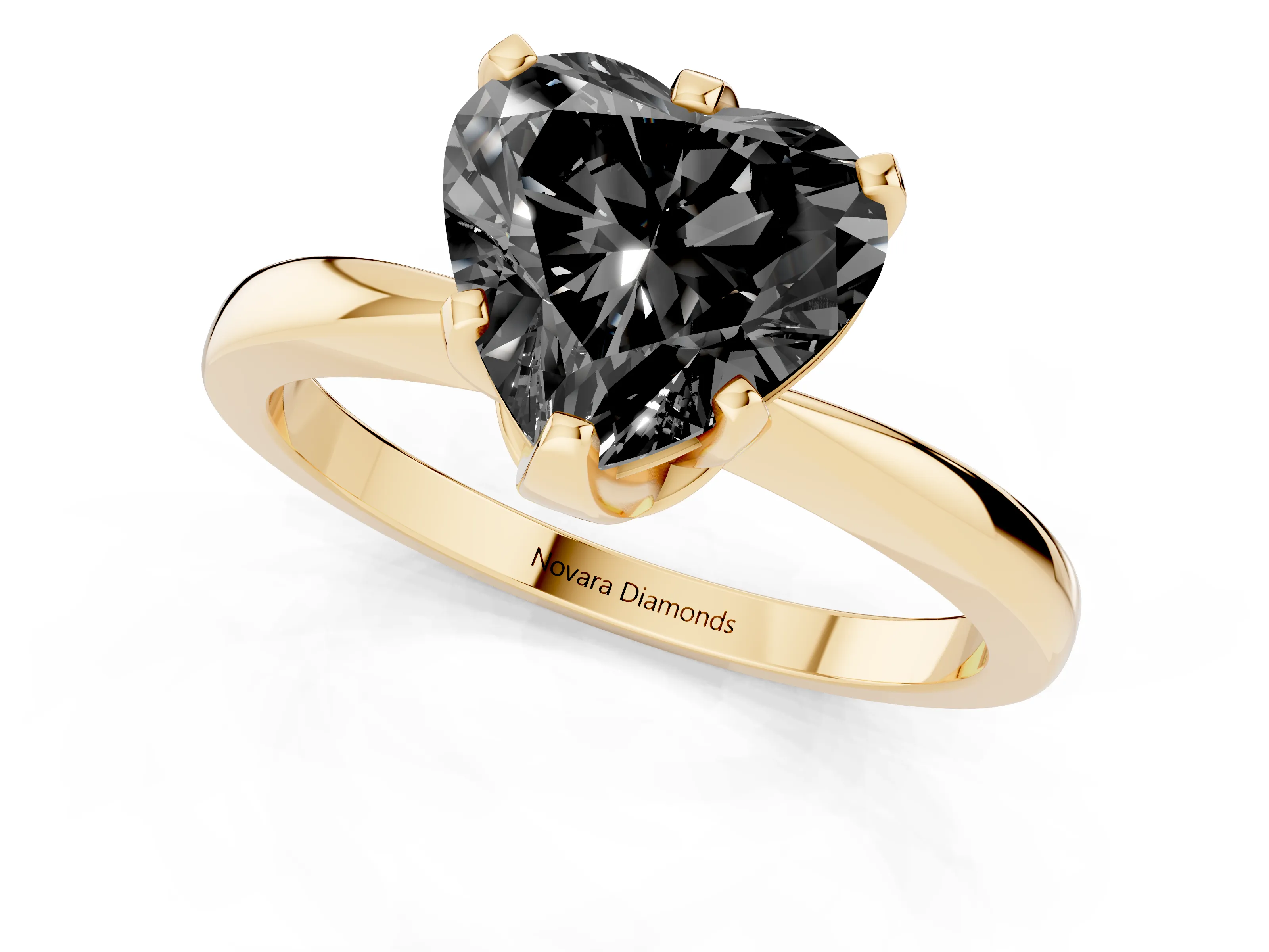 Fancy Black Heart Cut Diamond Solitaire Engagement Ring Set in Yellow gold with Slim Tapered Solitaire Band