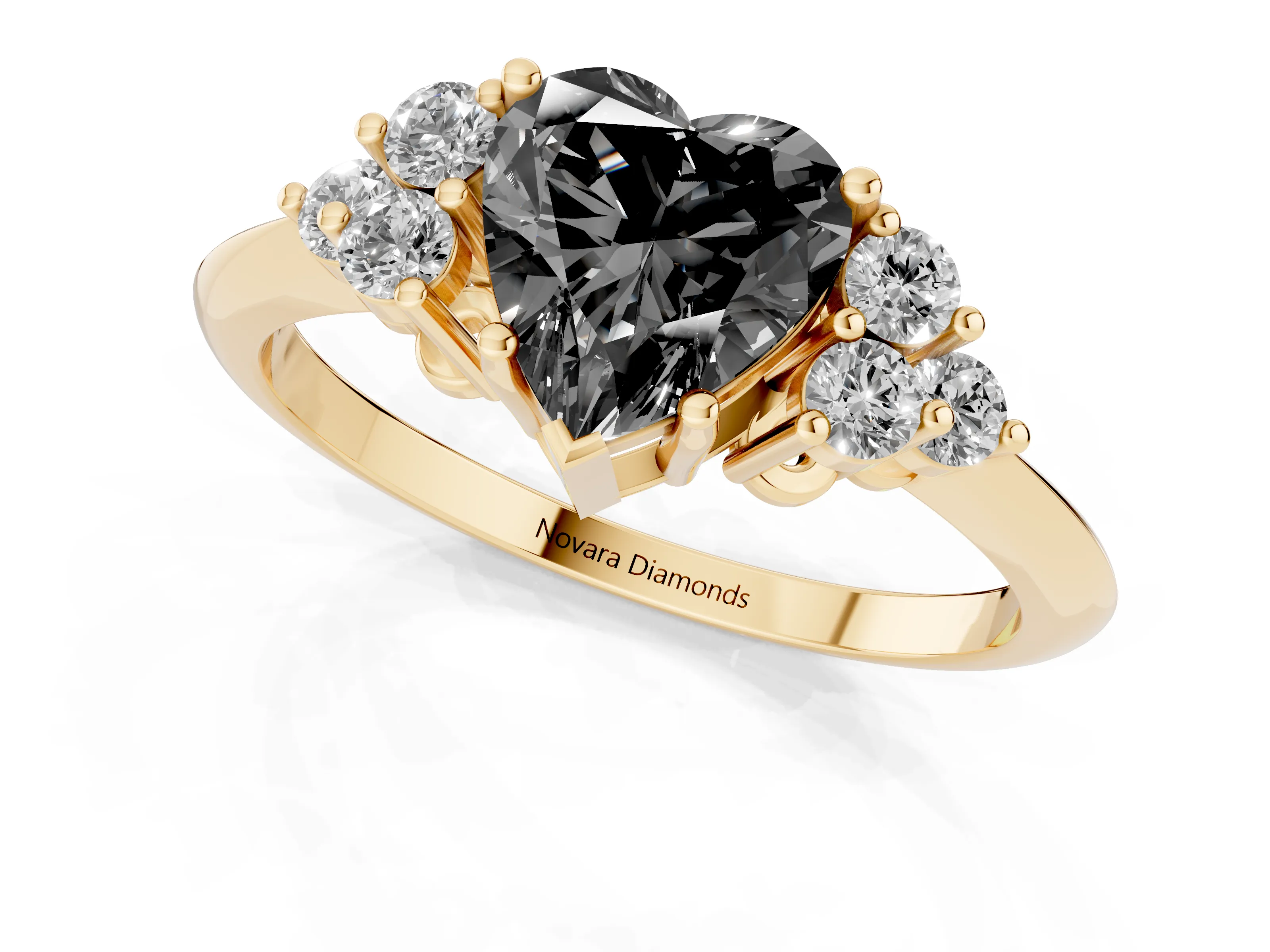Fancy Black Heart Cut Diamond Cluster Ring Set in Yellow gold with Plain Band and Prong Setting