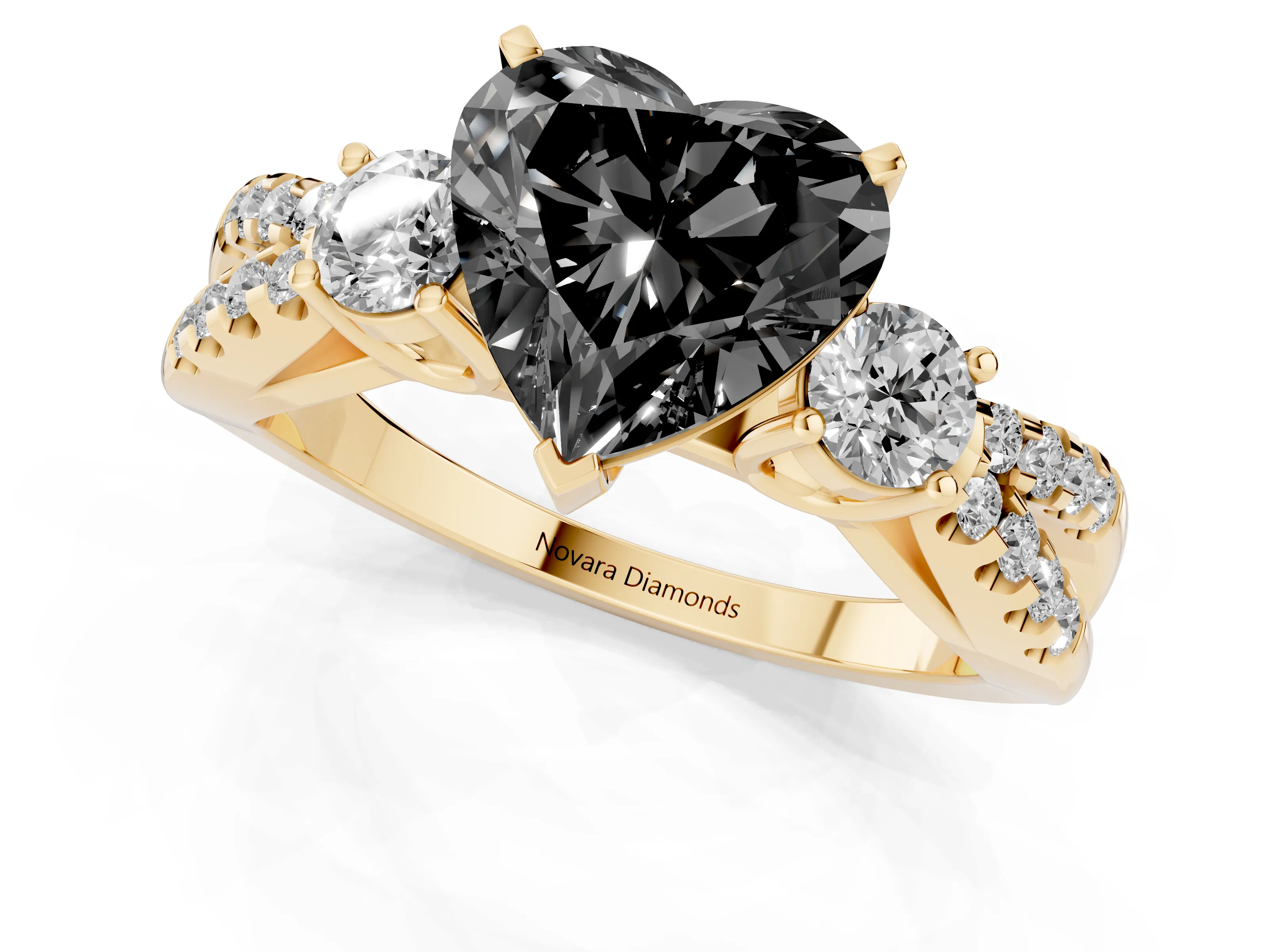 Fancy Black Heart Cut Diamond Three-Stone Ring Set in Yellow gold with Pavé Split Shank and Prong Setting