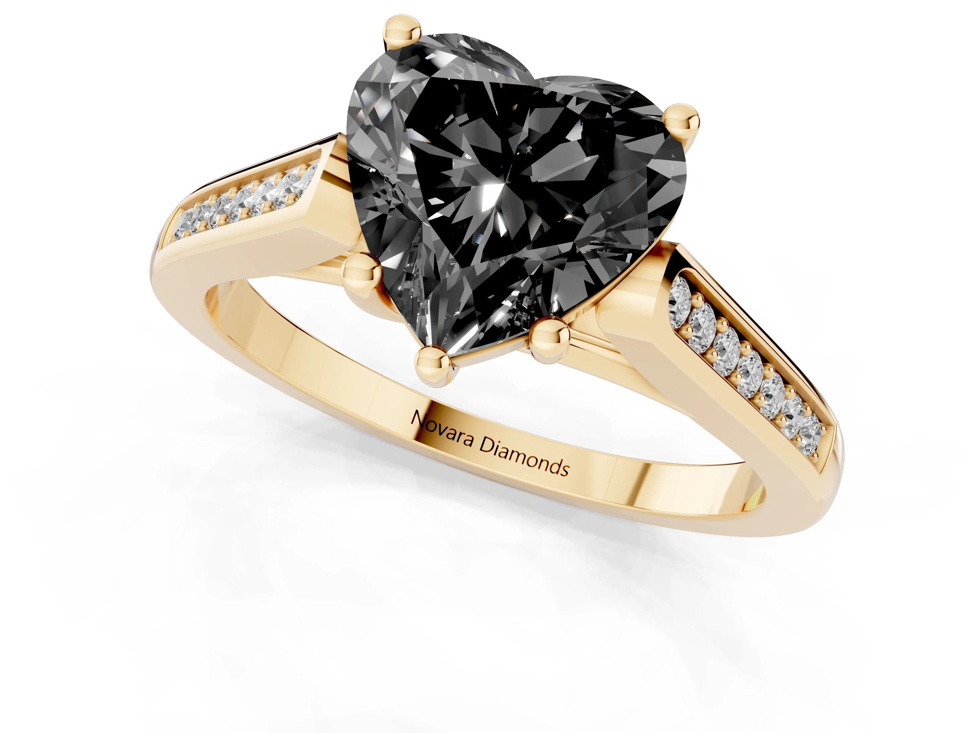 Fancy Black Heart Cut Diamond Solitaire Cathedral Engagement Ring Set in Yellow gold with Channel-Set Band and Prong Setting