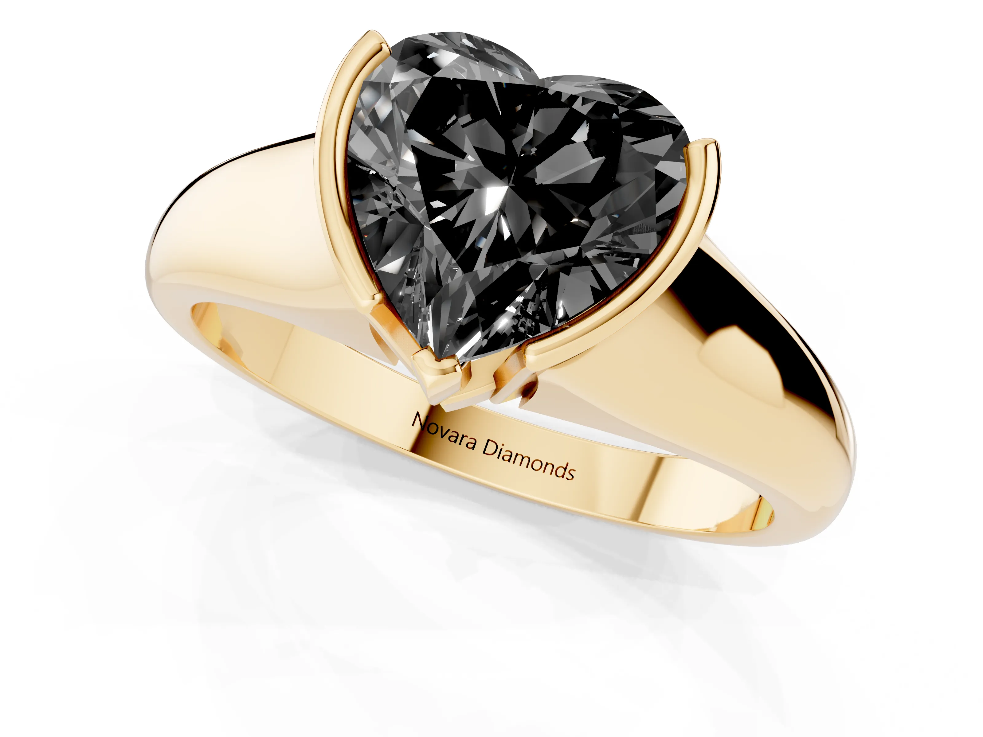 Fancy Black Heart Cut Diamond Solitaire Tension Set Ring Set in Yellow gold with Split Shank Band