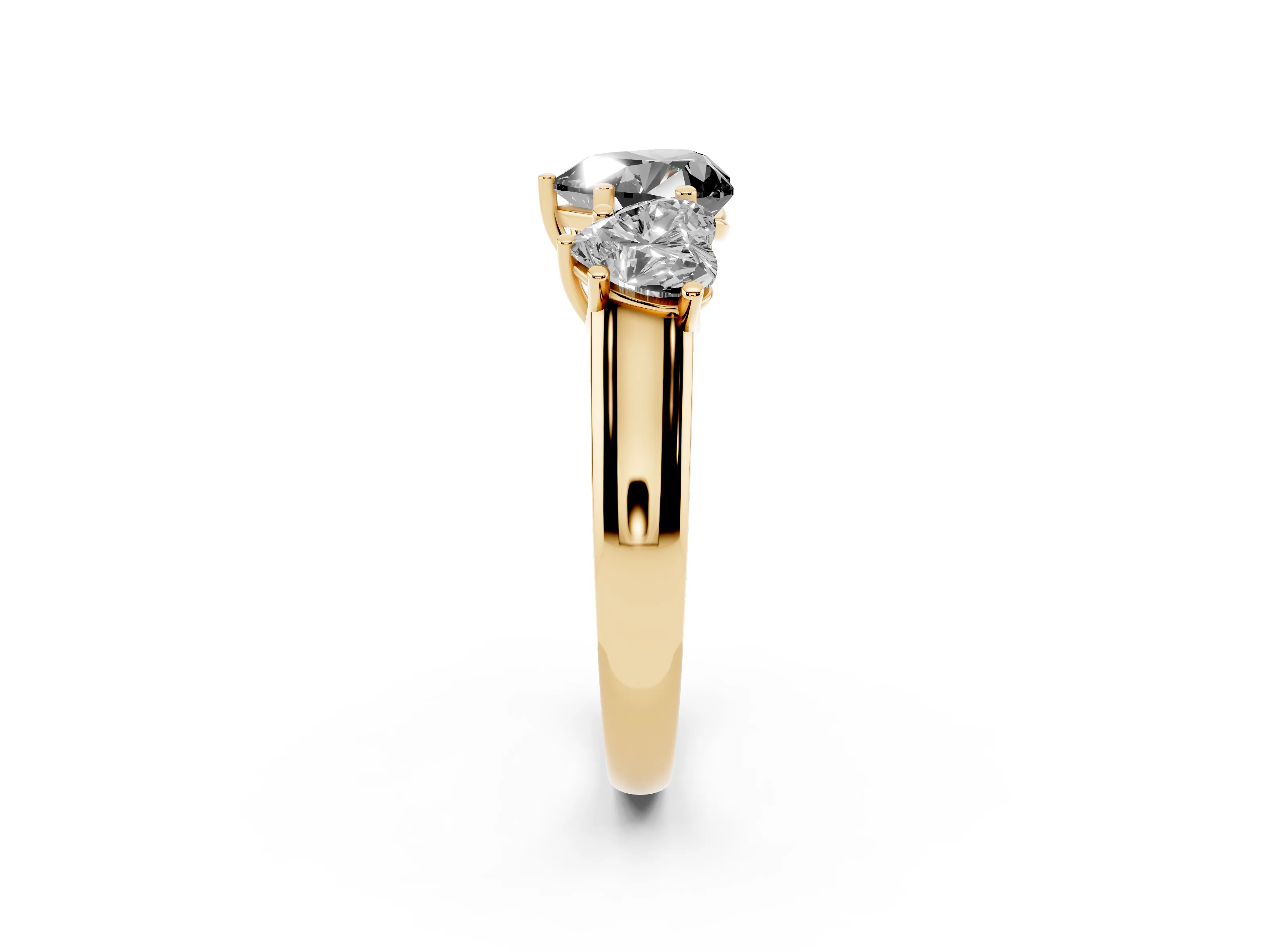 Fancy Black Heart Cut Diamond Three-Stone Ring Set in Yellow gold with Plain Polished Band