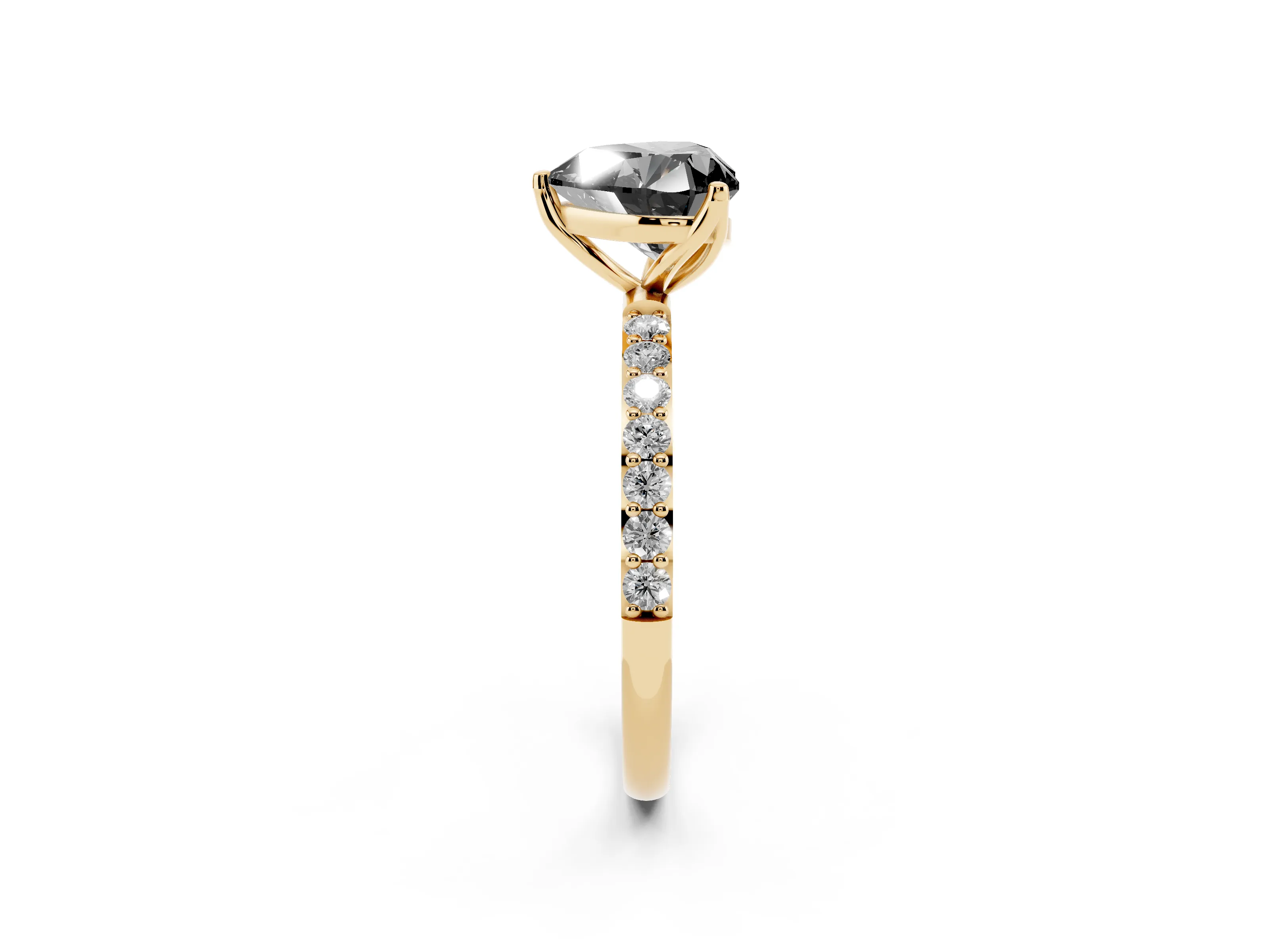 Fancy Black Heart Cut Diamond Solitaire Engagement Ring Set in Yellow gold with Round Pavé Band and Prong Setting