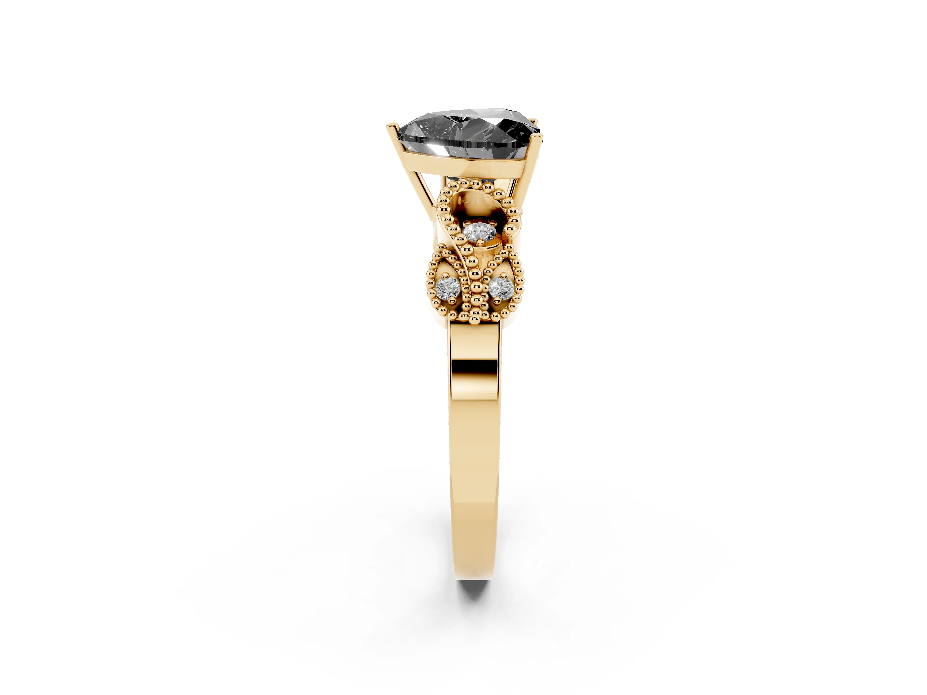 Fancy Black Heart Cut Diamond Milgrain Leaf Band Solitaire Ring Set in Yellow gold with Accent Stones and Prong Setting