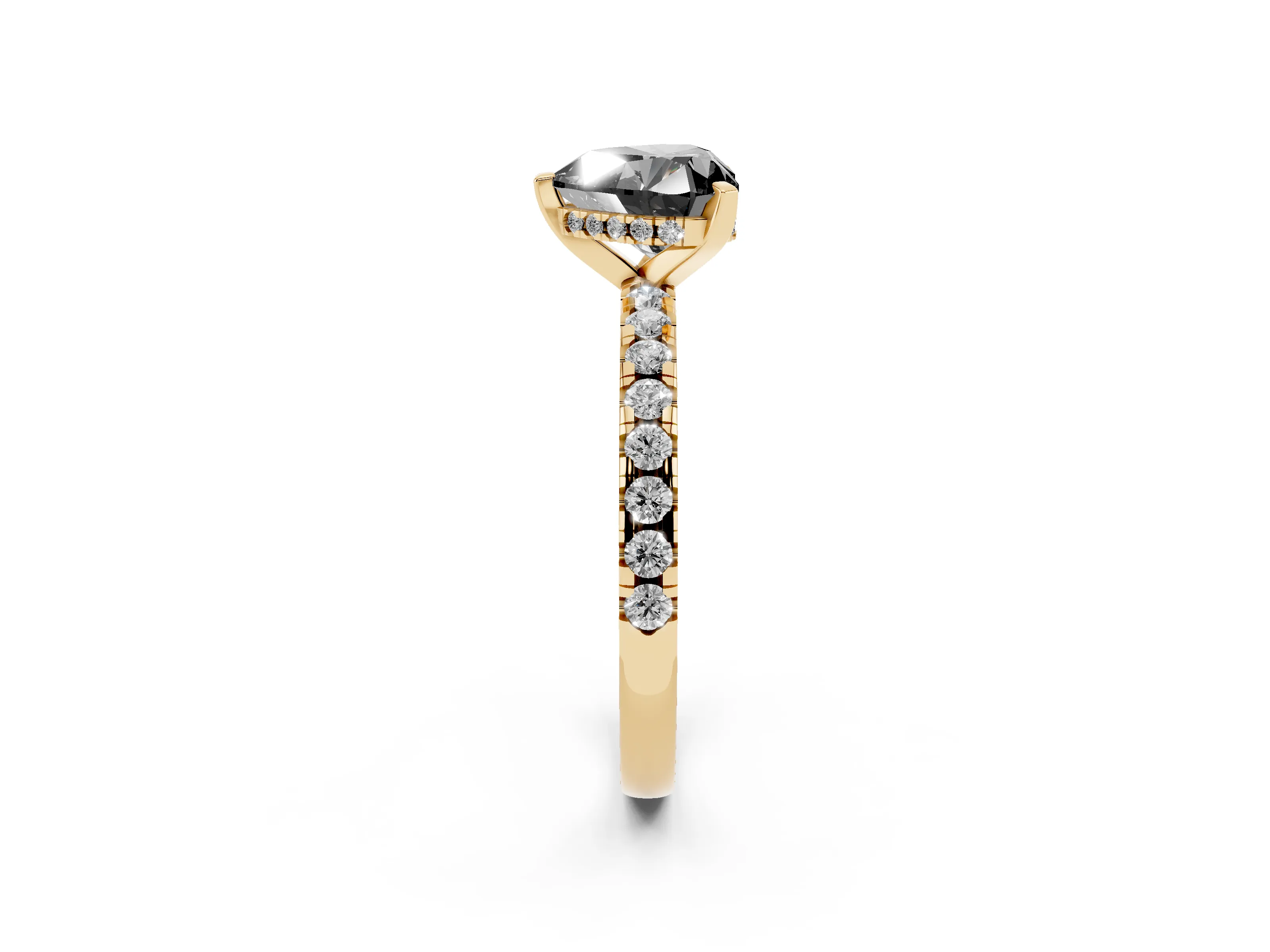 Fancy Black Heart Cut Diamond Pavé Solitaire Ring Set in Yellow gold with Round Band Accents and Prong Setting