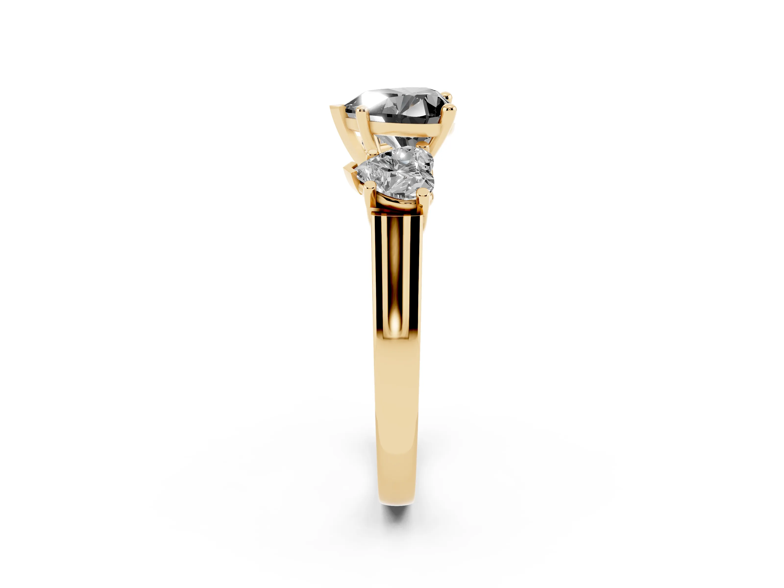 Fancy Black Heart Cut Diamond Three-Stone Trellis Ring Set in Yellow gold with Comfort Fit Band