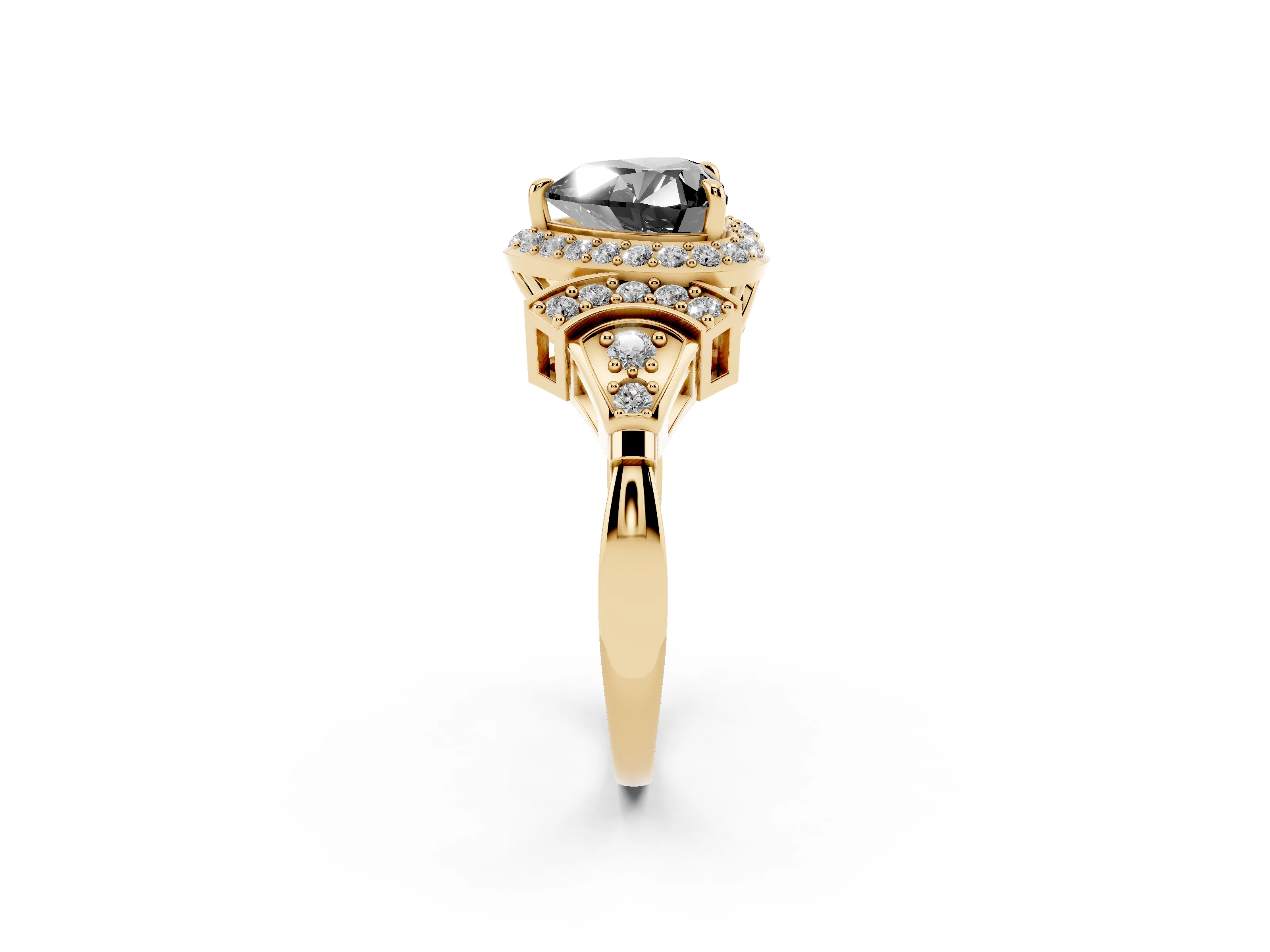 Fancy Black Heart Cut Diamond Halo Engagement Ring Set in Yellow gold with Accent Stone Split Shank