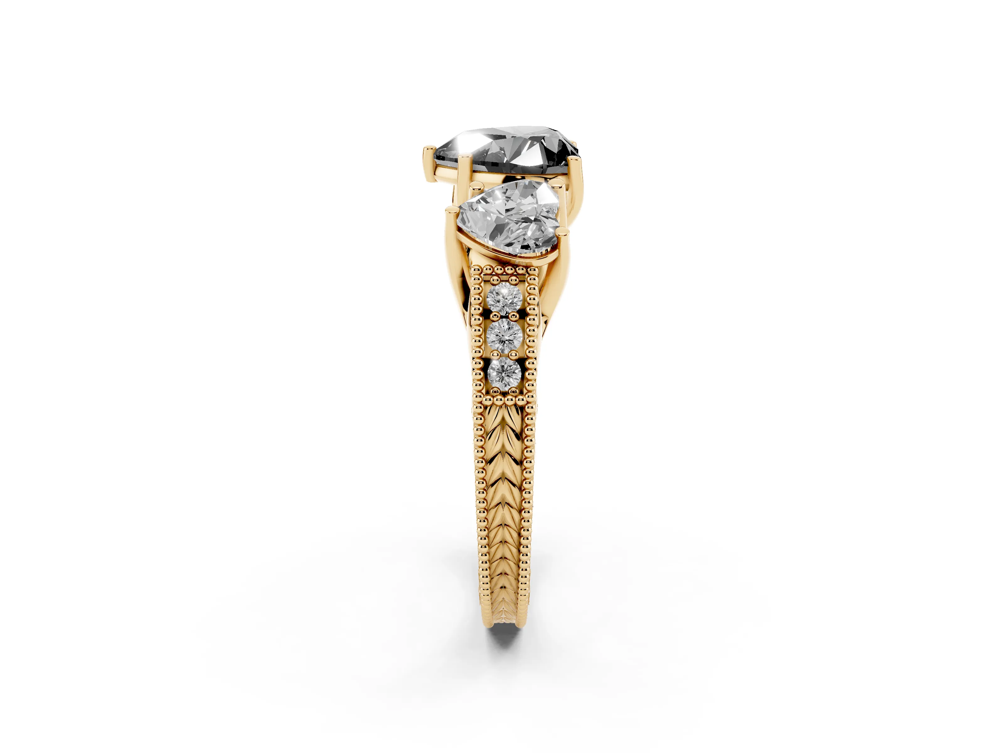 Fancy Black Heart Cut Diamond Three-Stone Engagement Ring Set in Yellow gold with Milgrain Pavé Band